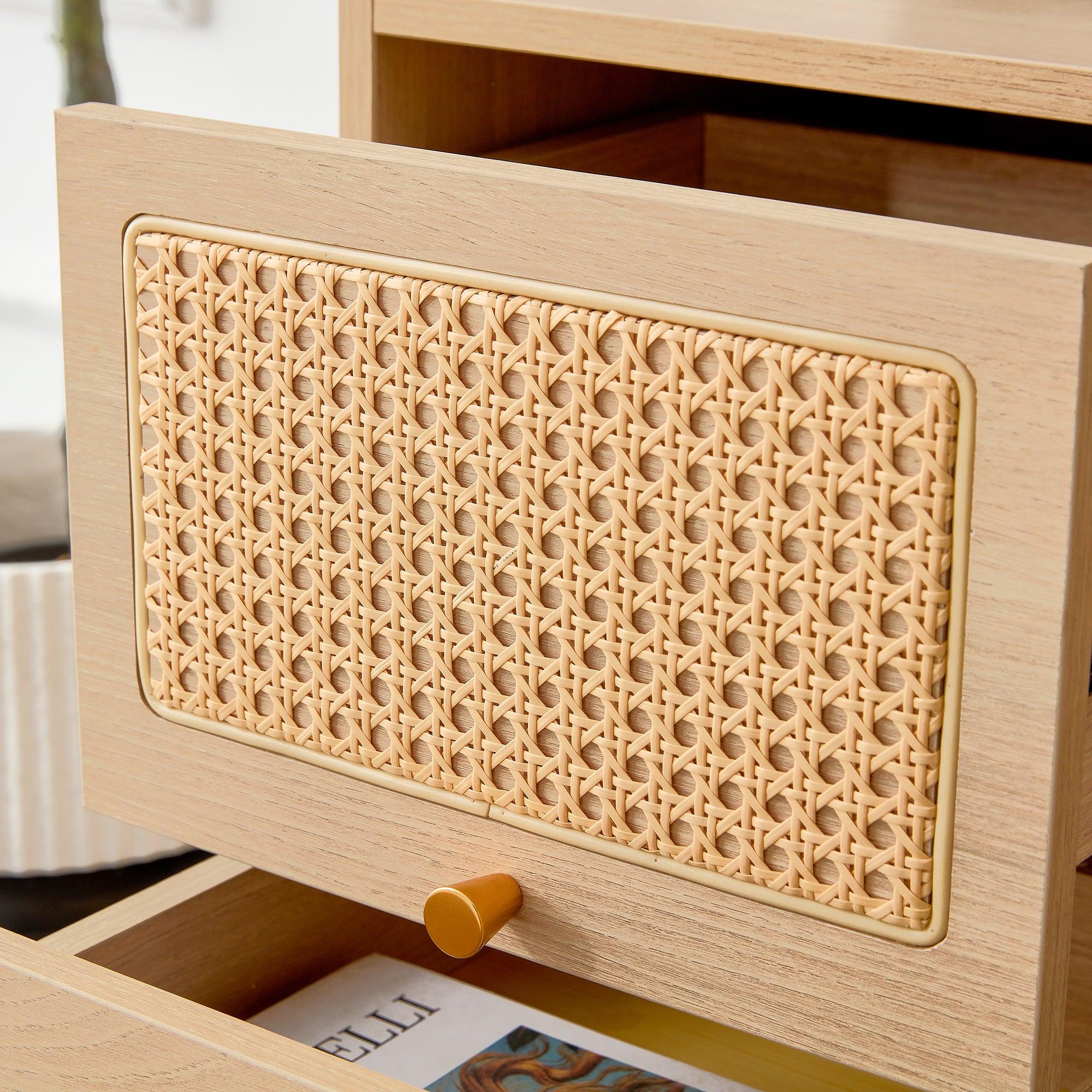 Modern simpleStorage cabinet MDF Board bedside cabinet Japanese rattan bedside cabinet Small household furniture bedside table.Applicable to dressing table in bedroom, porch, living room.2 Drawers