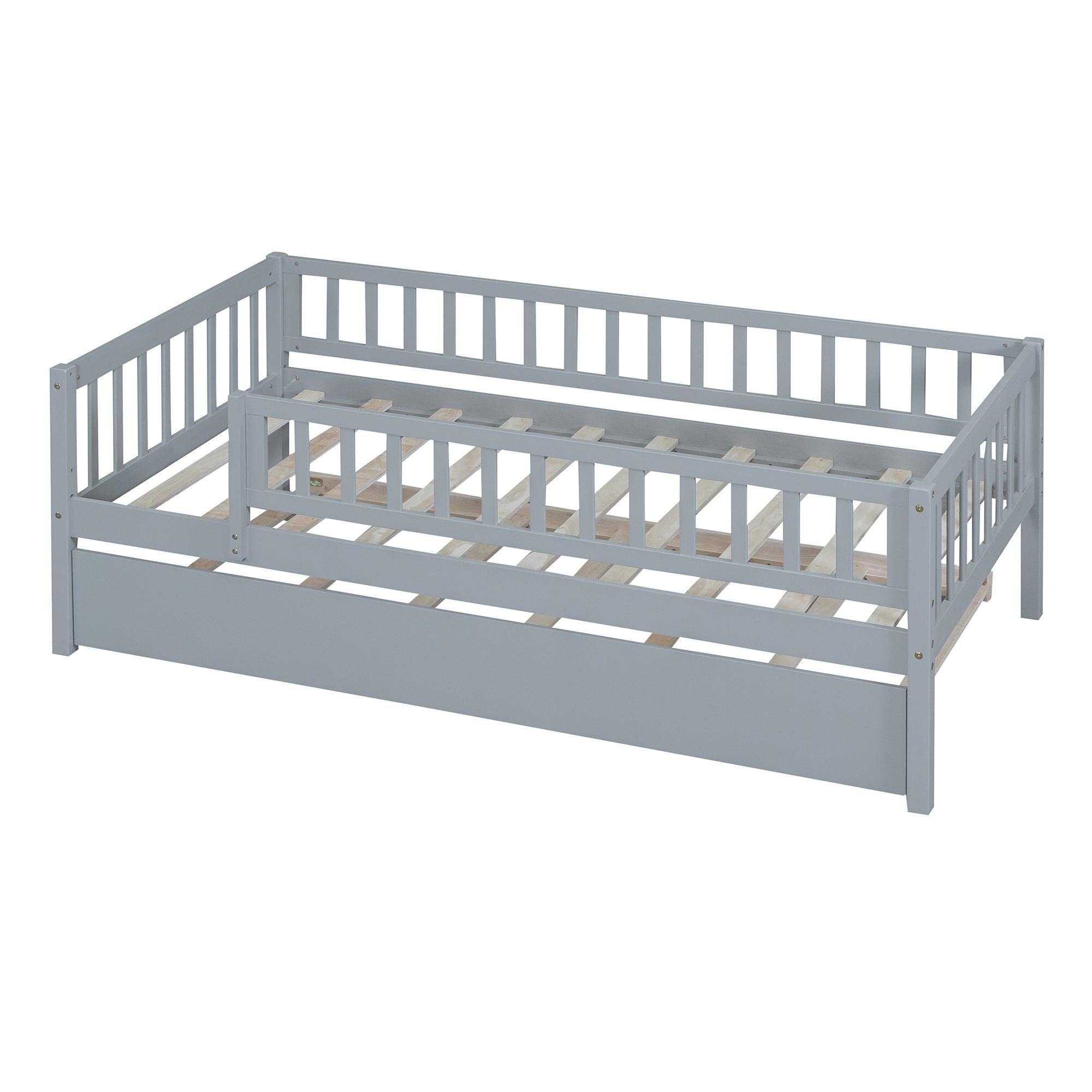 Twin Size Wood Daybed with Trundle and Fence Guardrails, Gray