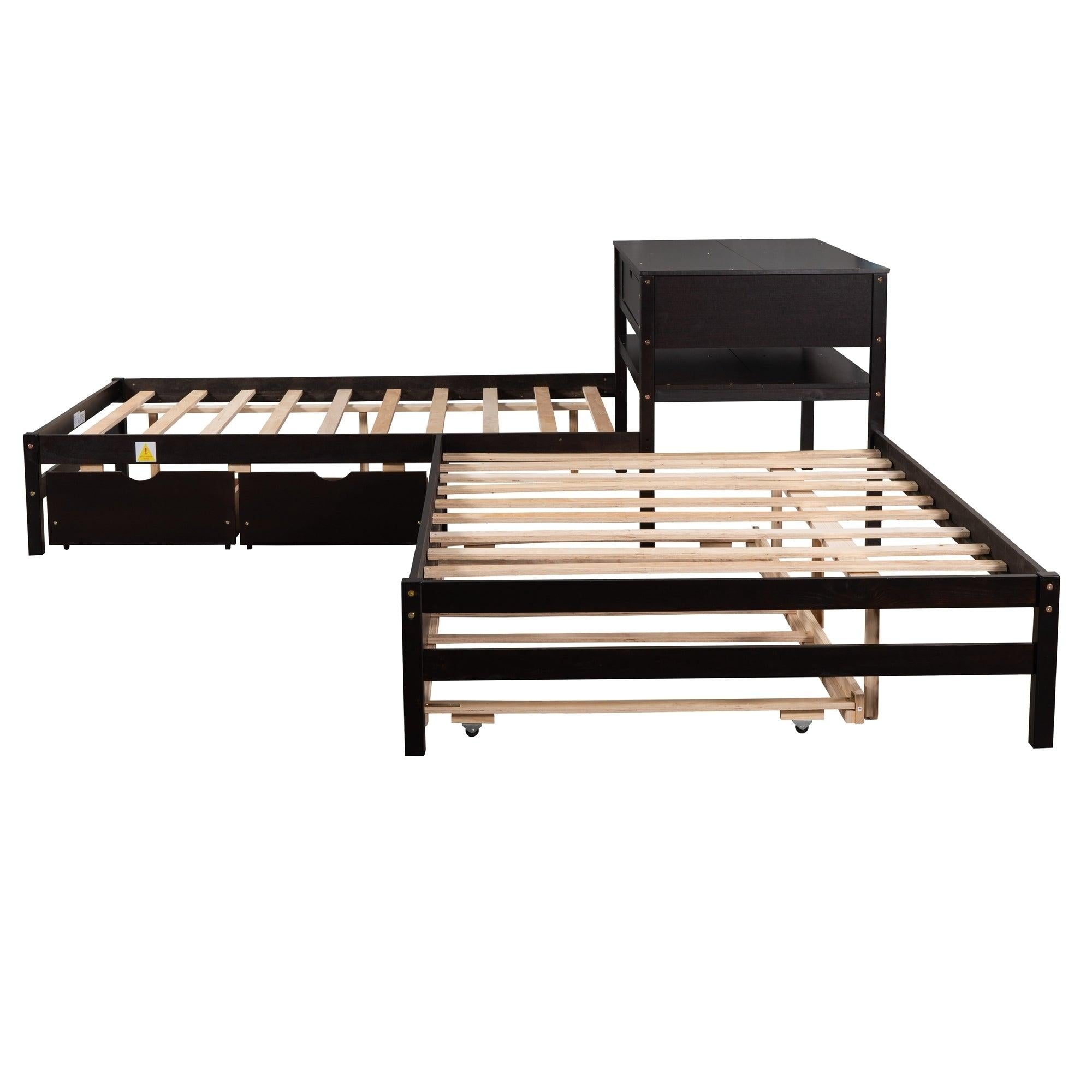 Full Size L-shaped Platform Beds with Twin Size Trundle and Drawers Linked with Built-in Rectangle Table,Espresso