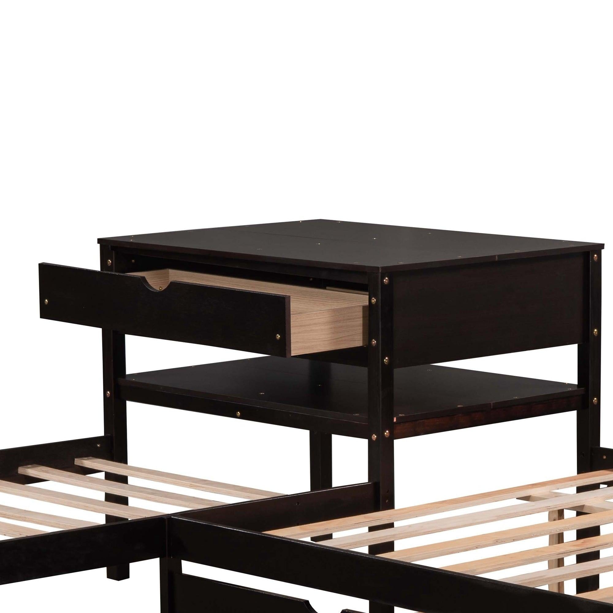 L-Shaped Full Size and Twin Size Platform Beds with Twin Size Trundle and Drawer Linked with Built-in Rectangle Table,Espresso