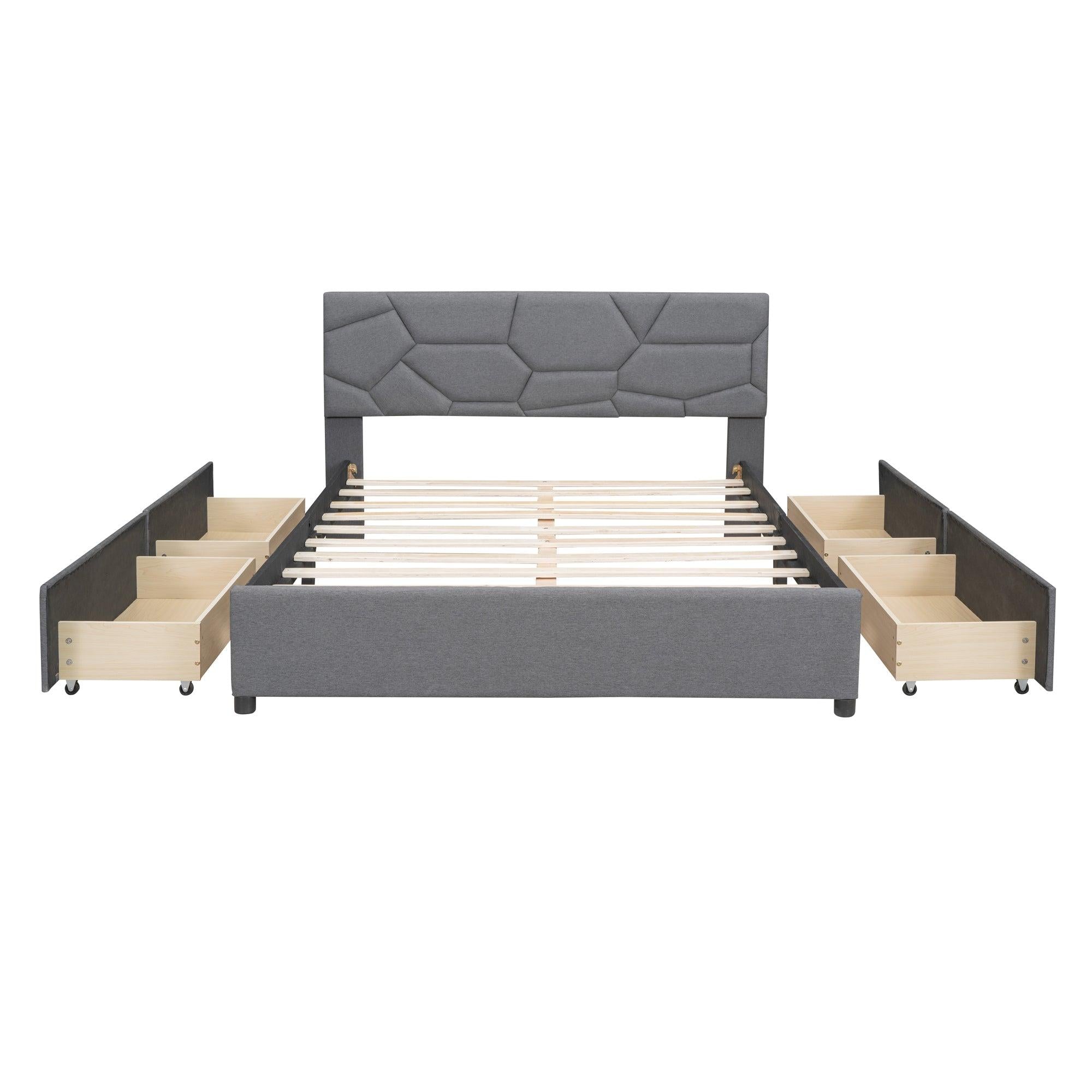 Queen Size Upholstered Platform Bed with Brick Pattern Heardboard and 4 Drawers, Linen Fabric, Gray