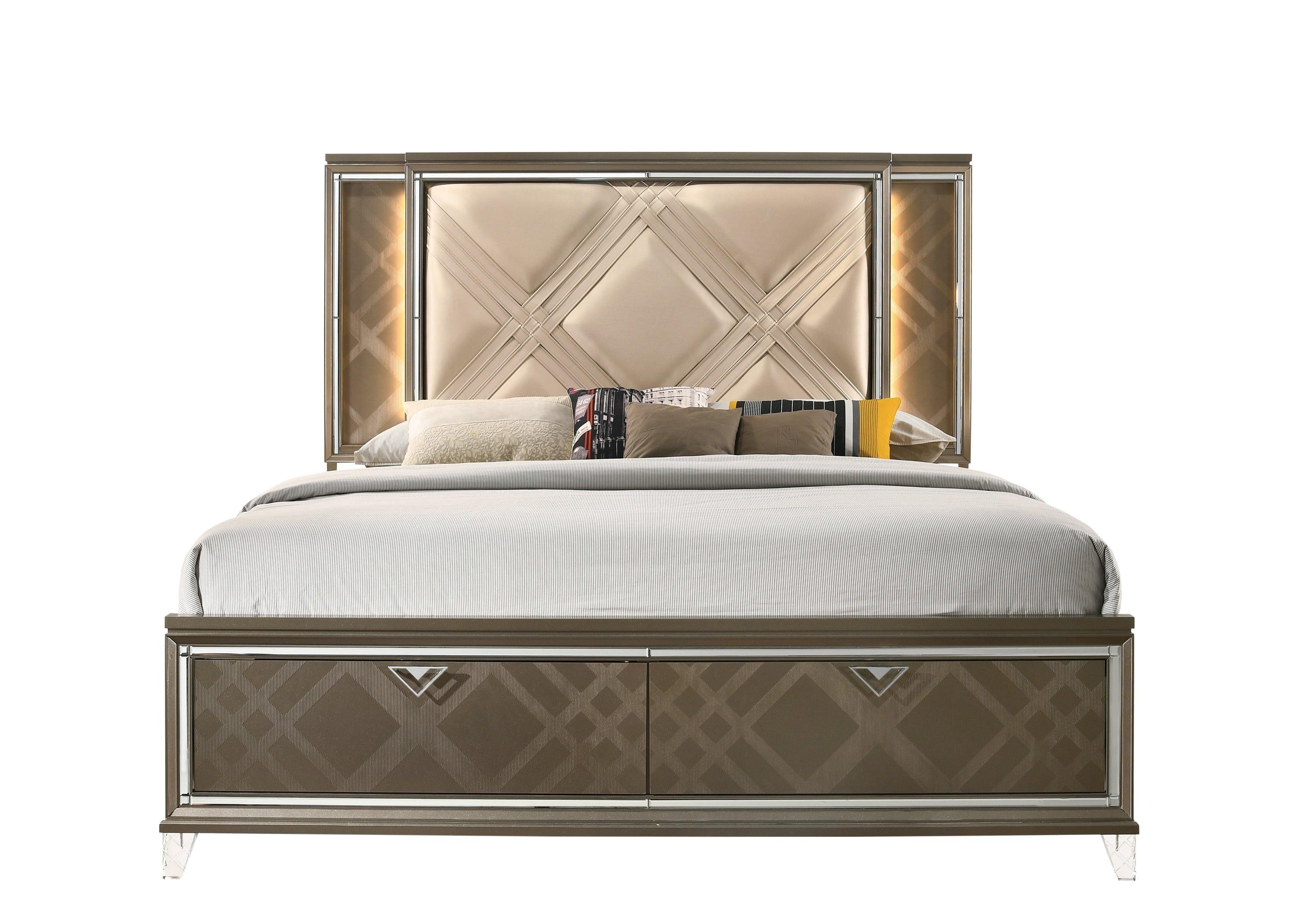 ACME Skylar Queen Bed w/Storage, LED, PU & Dark Champagne 25320Q