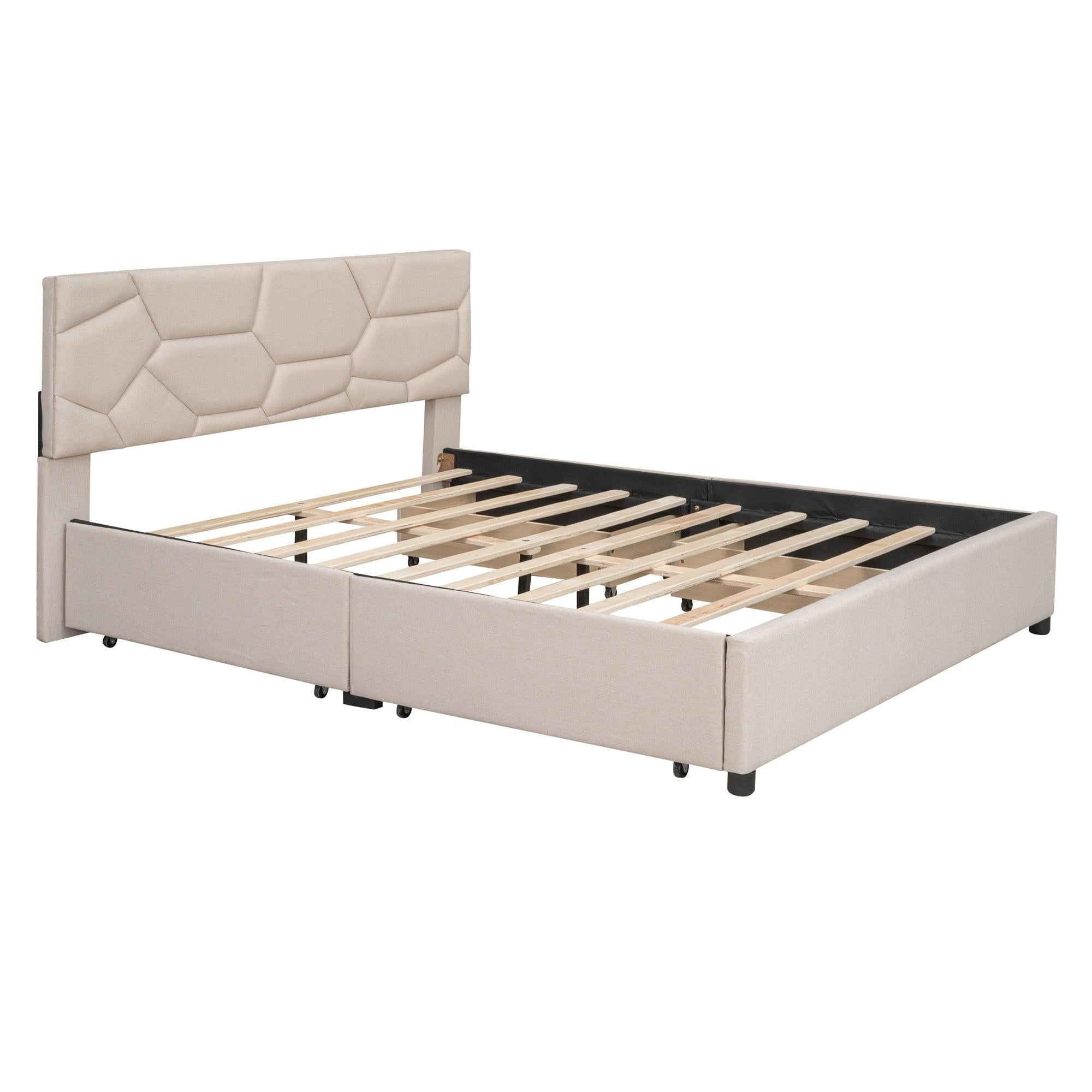 Queen Size Upholstered Platform Bed with Brick Pattern Heardboard and 4 Drawers, Linen Fabric, Beige