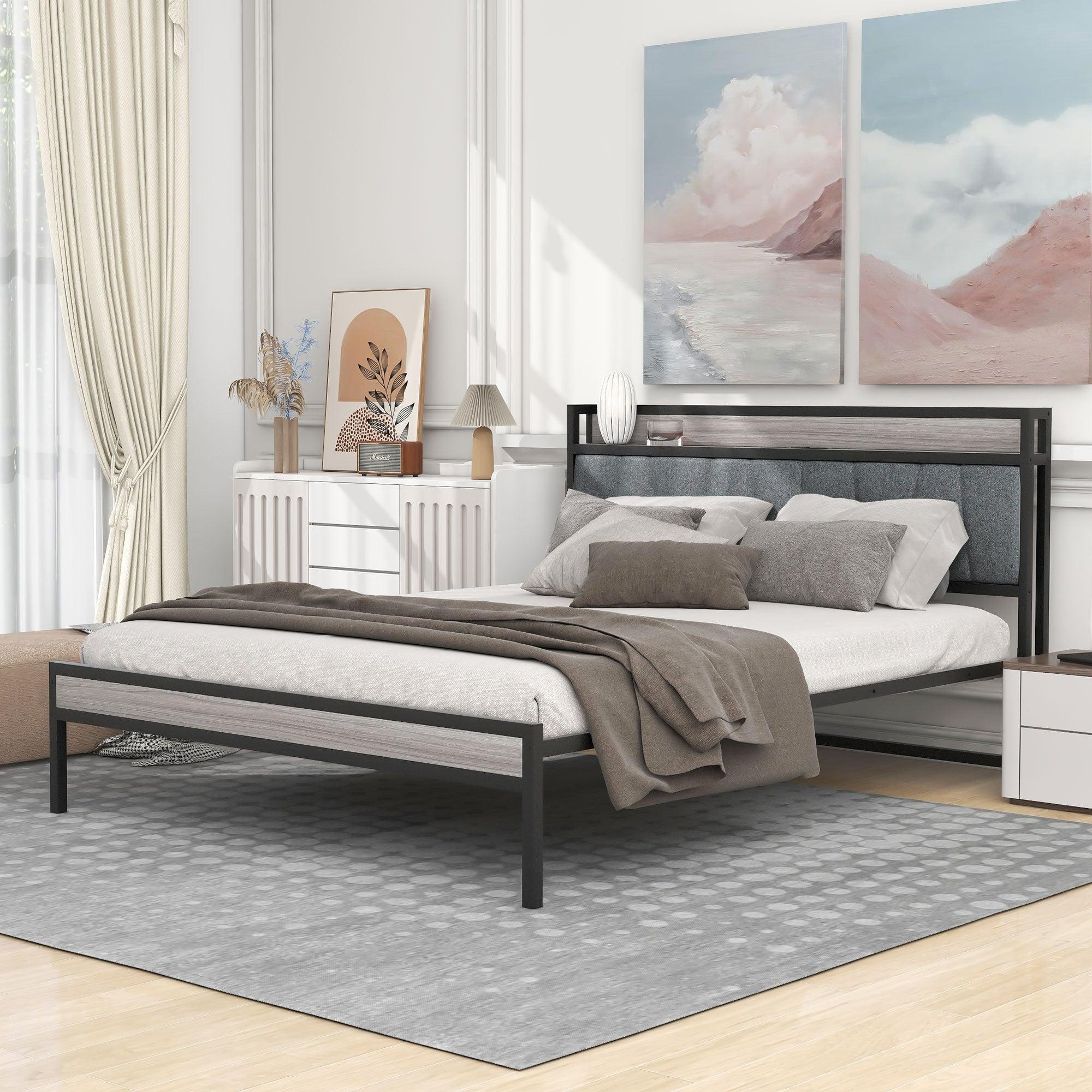 Queen Size Metal Platform Bed Frame with Upholstered headboard ，Sockets, USB Ports and Slat Support ,No Box Spring Needed，Black image