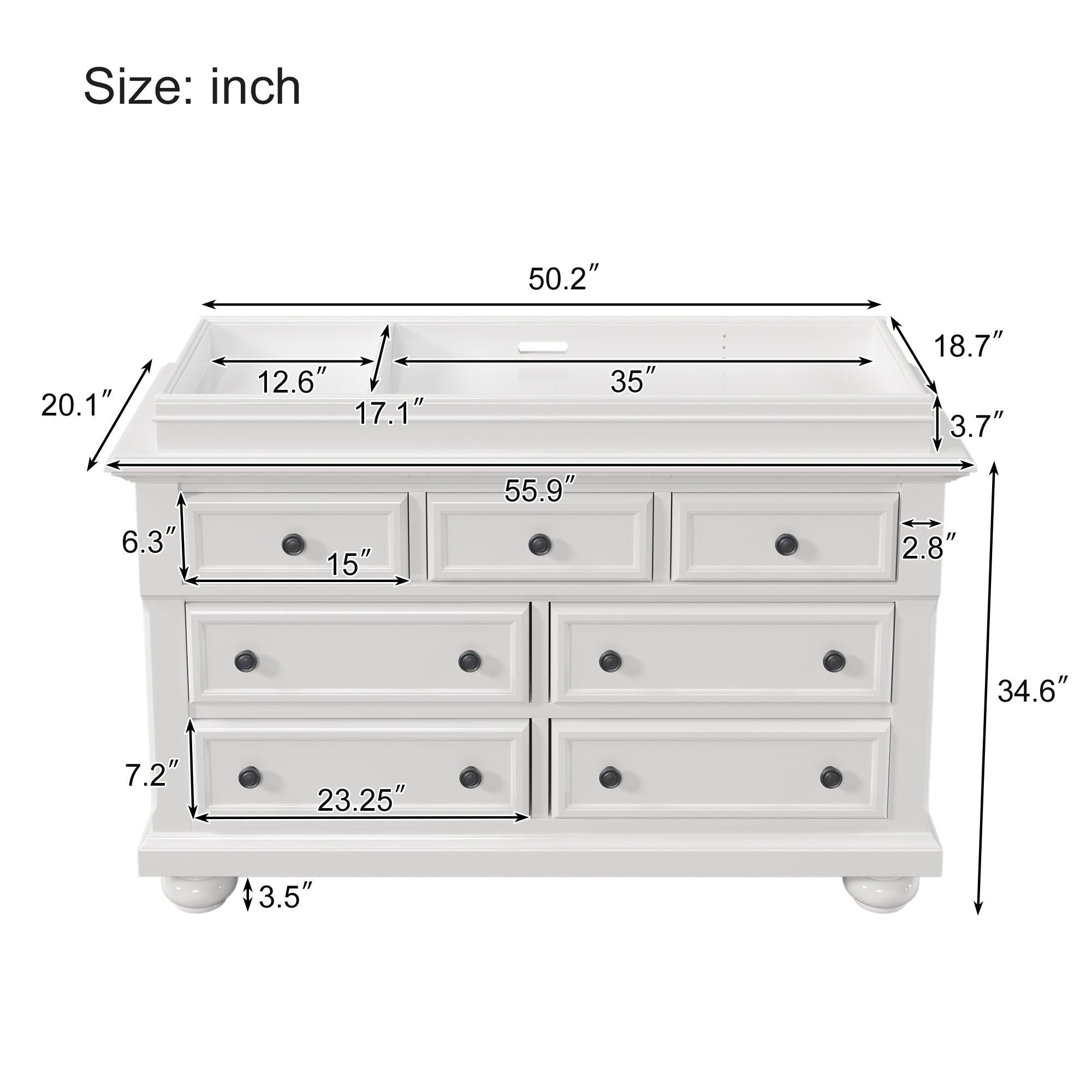 Solid Wood Seven-Drawer Dresser with Changing Topper for Nursery, Kid’s Room, Bedroom, White