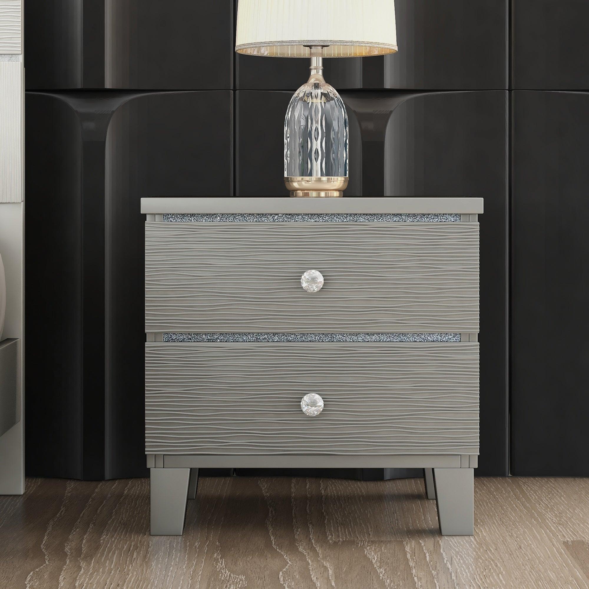 Champagne Silver Rubber Wood Nightstand Side table with 2 Drawers Metal Slides Crystal Handle