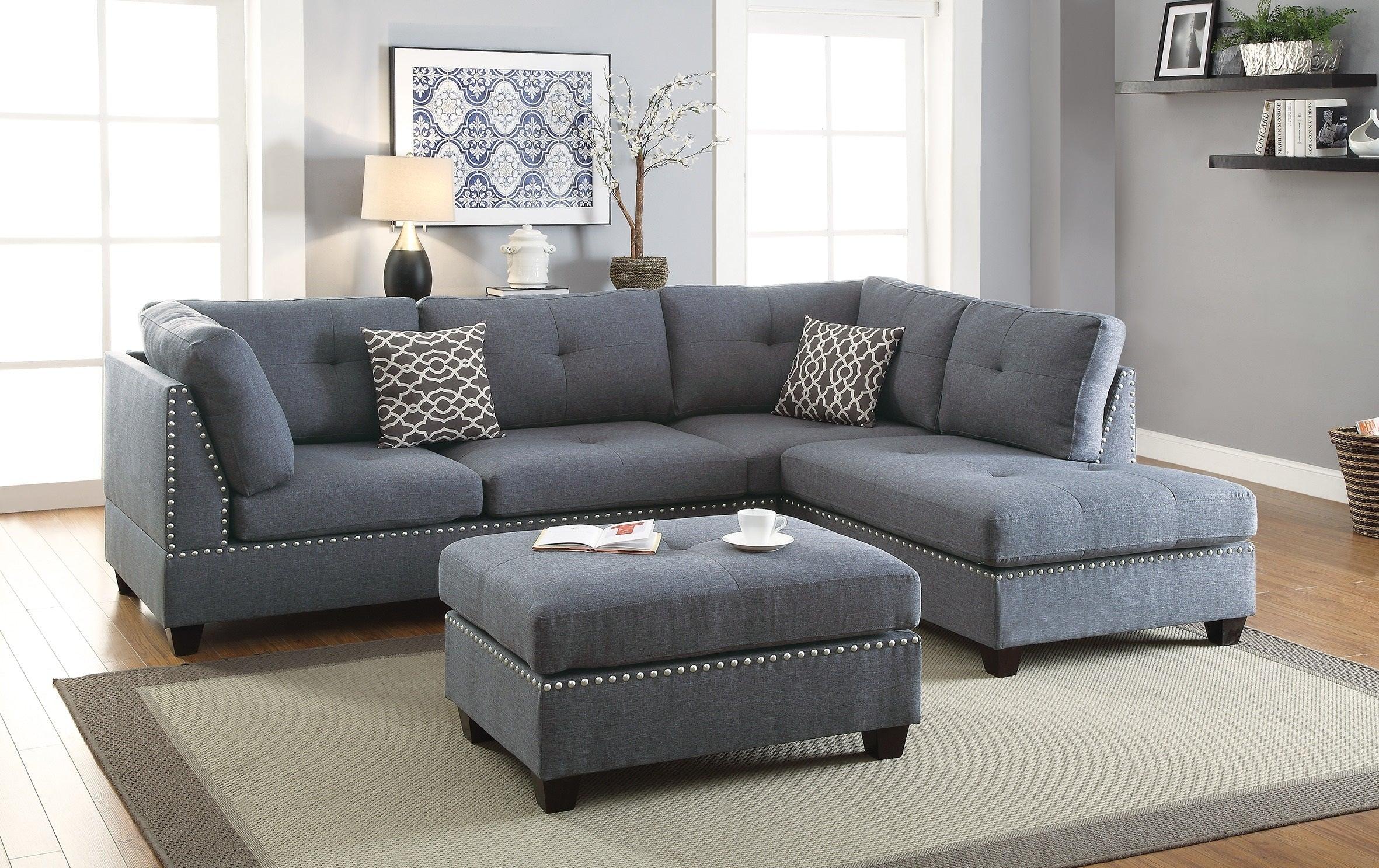 3-pcs Sectional Sofa Blue Grey Polyfiber Cushion Sofa Chaise Ottoman Reversible Couch Pillows image