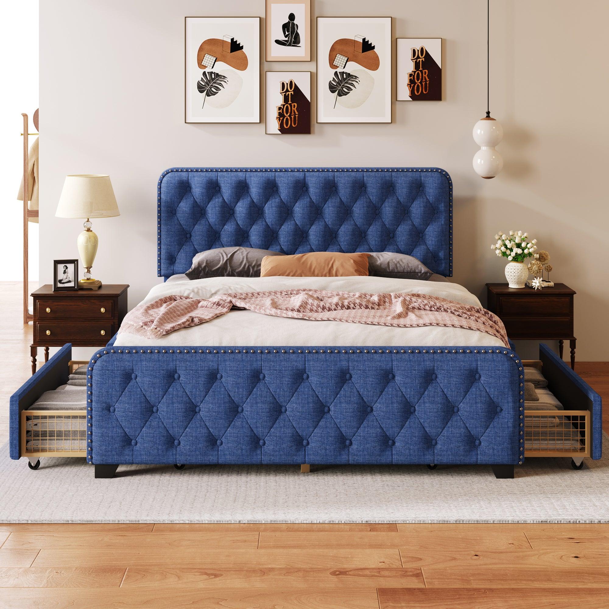 Upholstered Platform Bed Frame with Four Drawers, Button Tufted Headboard and Footboard Sturdy Metal Support, No Box Spring Required, Blue, Full