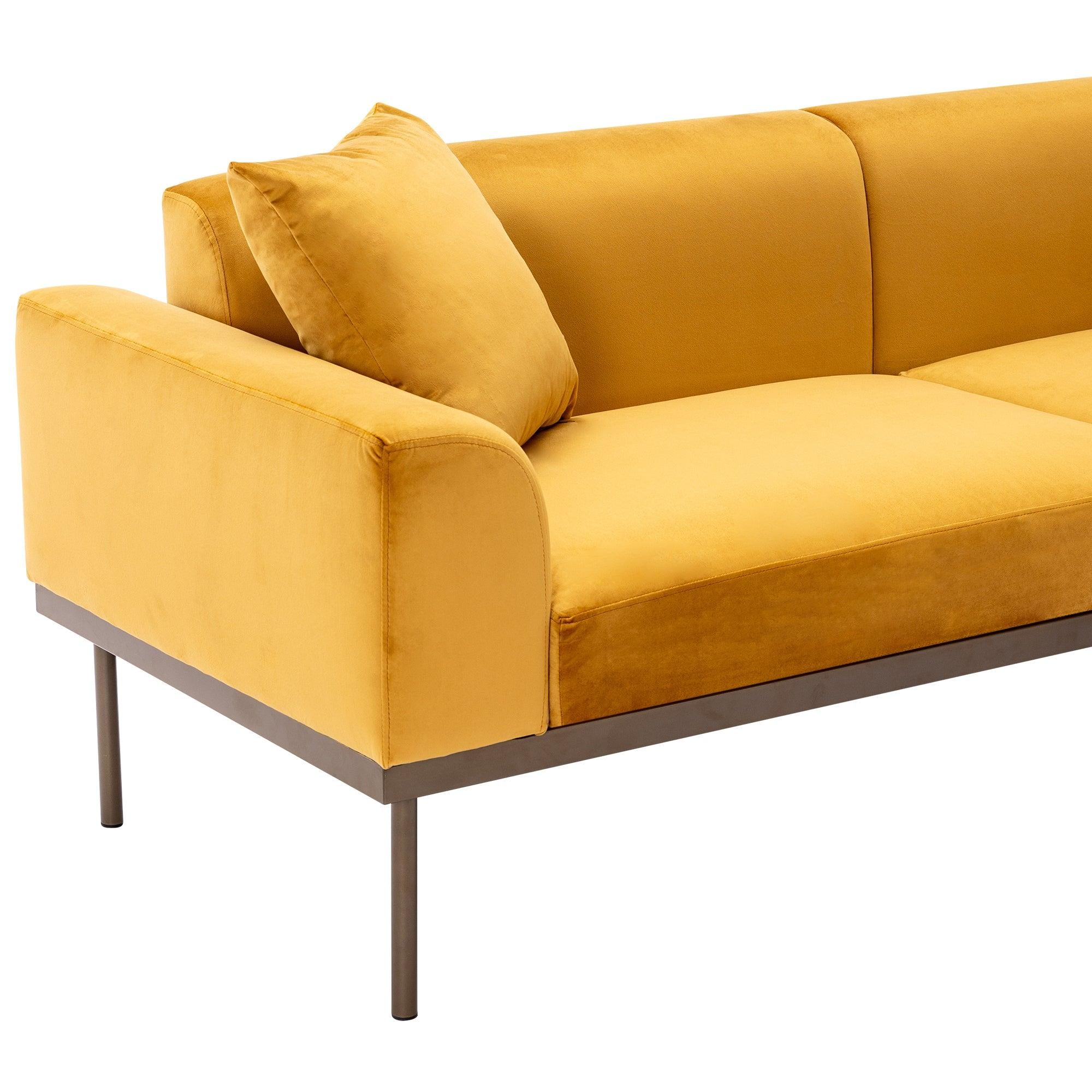 Modern Velvet Sofa with Metal Legs,Loveseat Sofa Couch with Two Pillows for Living Room and Bedroom, Mustard