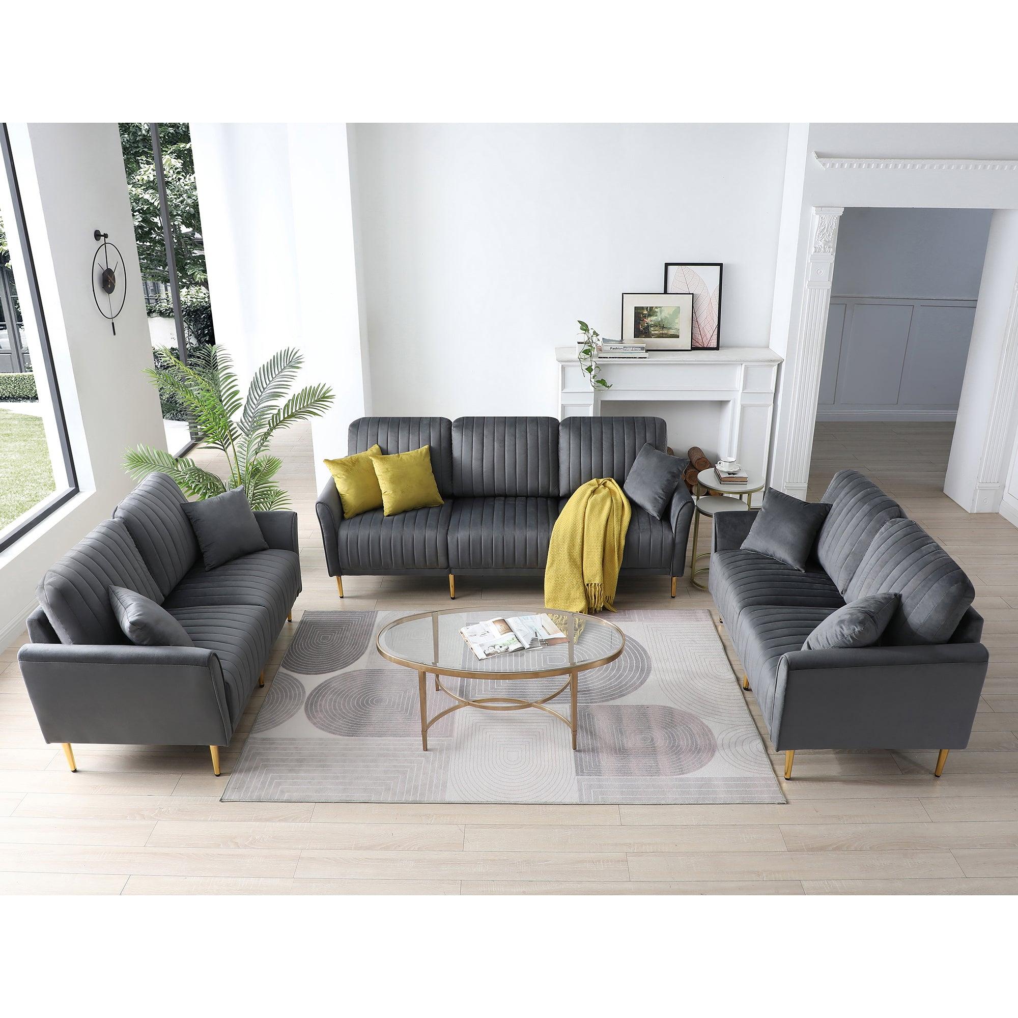 3 Pcs Sofa Loveseat Couch Set 3 Piece Living Room Set with 1 Piece Three Seat Sofa And 2 Piece Loveseat Sofas, seven throw pillows included, Grey Velvet image