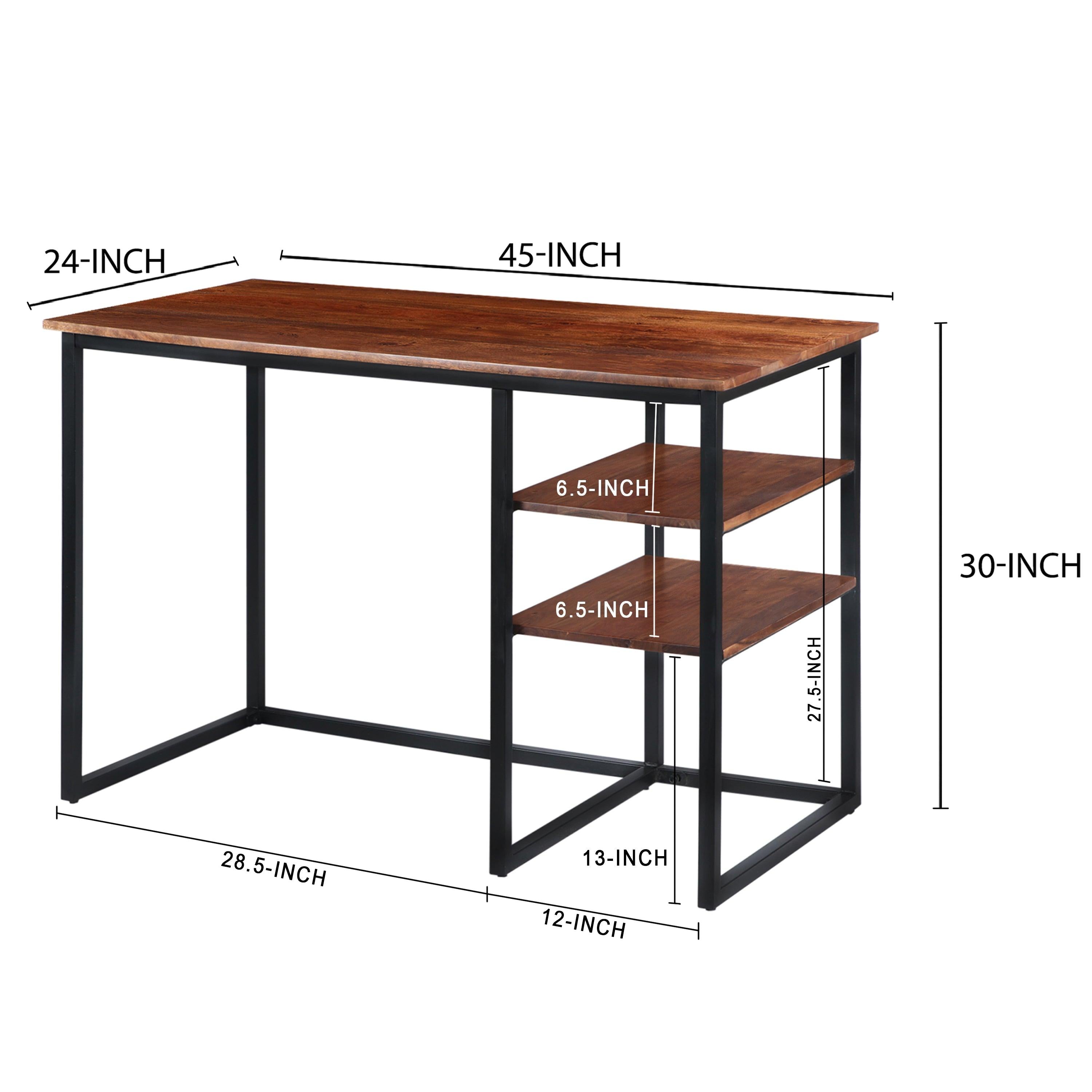 45 Inch Tubular Metal Frame Desk with Wooden Top and 2 Side Shelves, Brown and Black