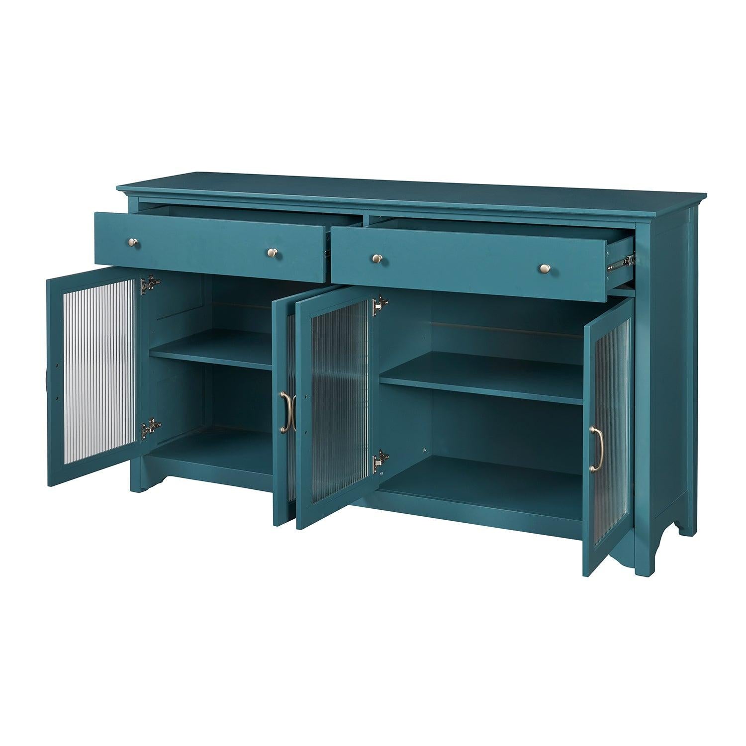 68” TV Console,Storage Buffet Cabinet, Sideboard with Glass Door and Adjustable Shelves, Console Table for Dining Living Room Cupboard, Teal Blue