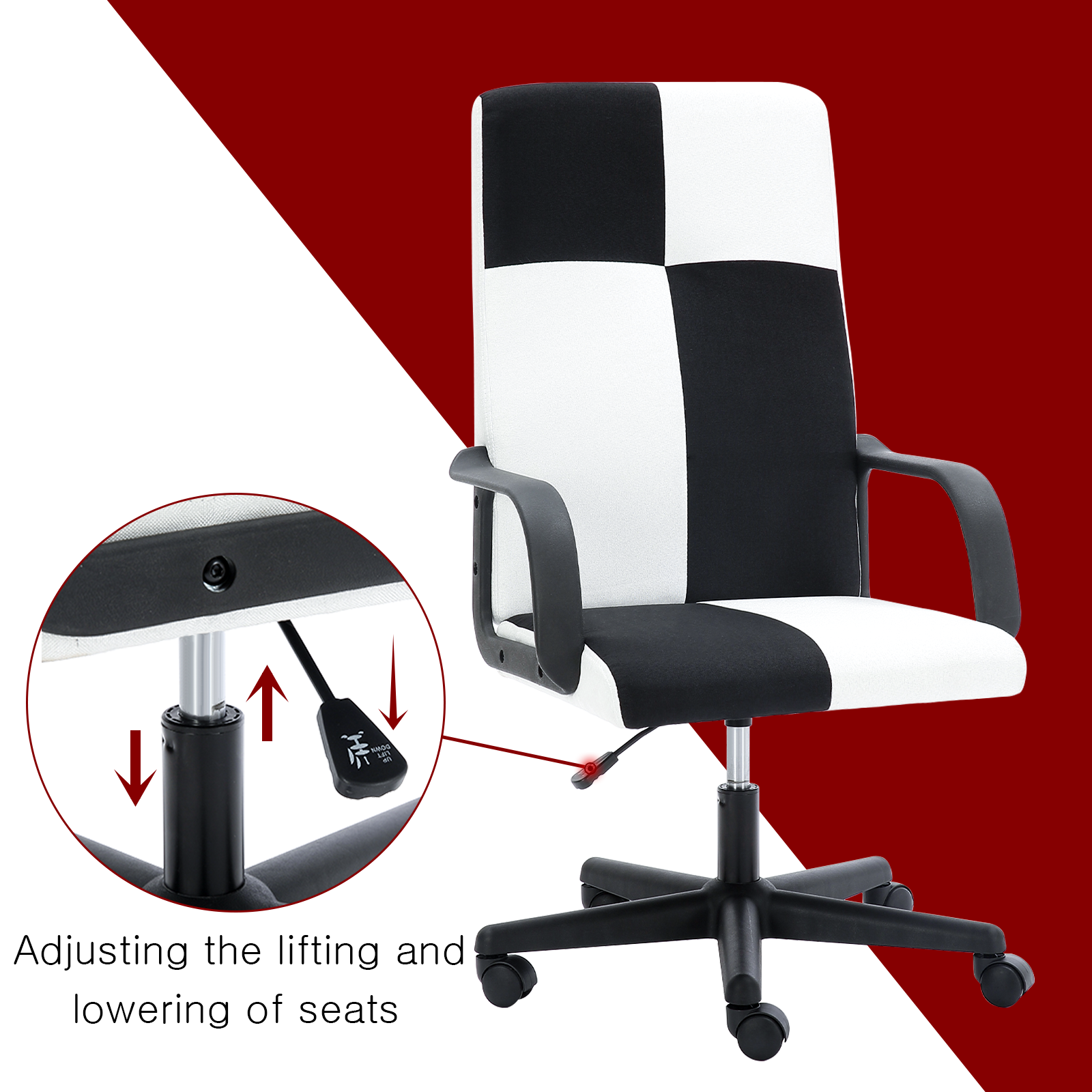 Chessboard office chair, office chair with adjustable backrest armrest, suitable for office, dormitory and study (black and white)