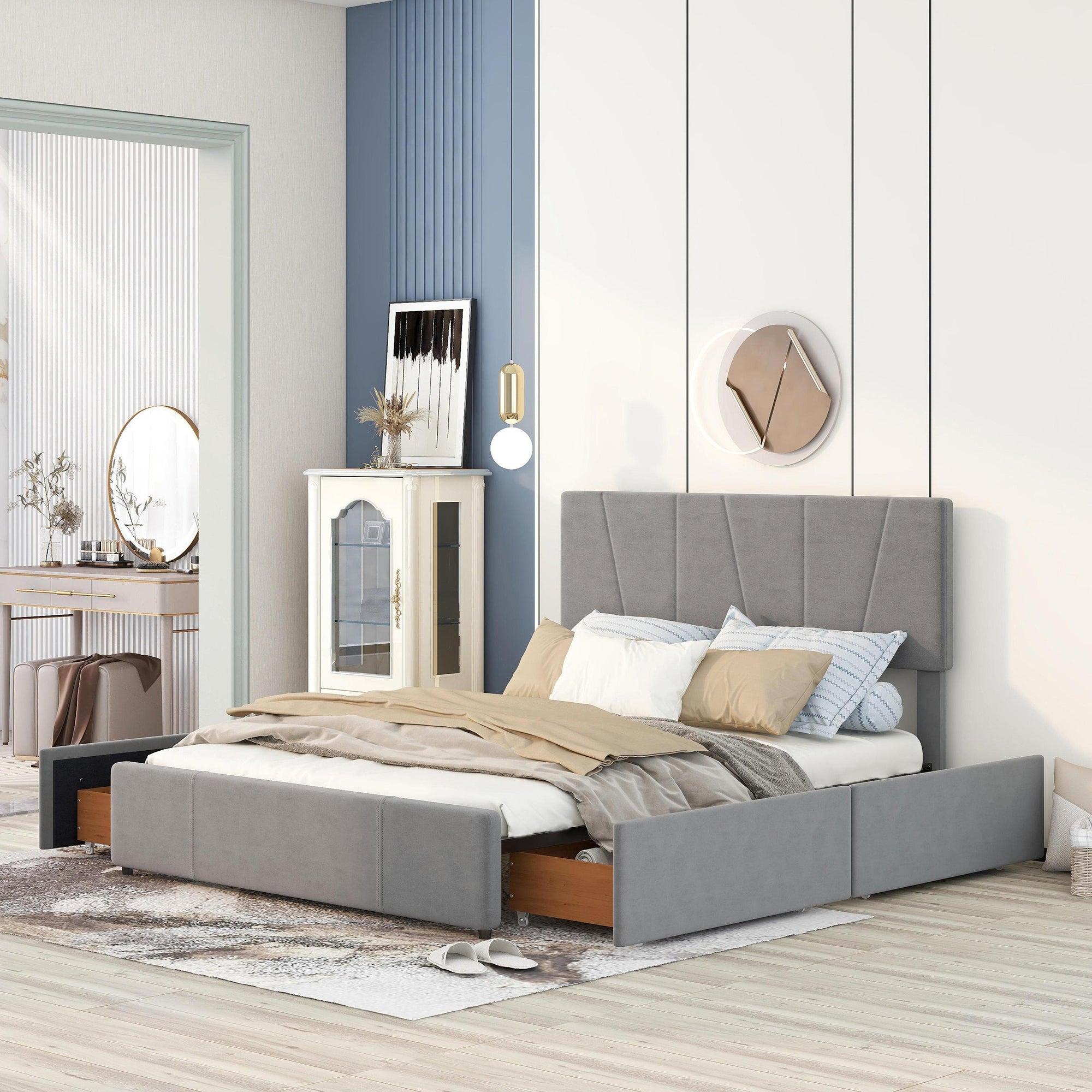 Queen Size Upholstery Platform Bed with Four Drawers on Two Sides,Adjustable Headboard,Grey image