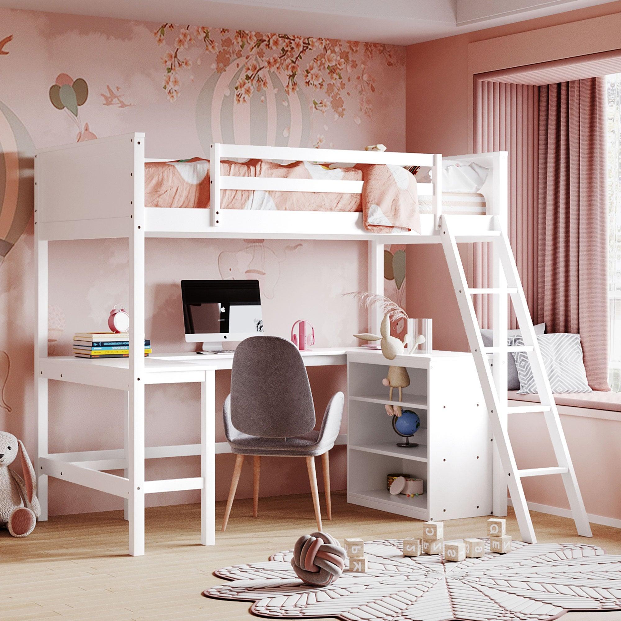 Twin size Loft Bed with Shelves and Desk, Wooden Loft Bed with Desk - White image