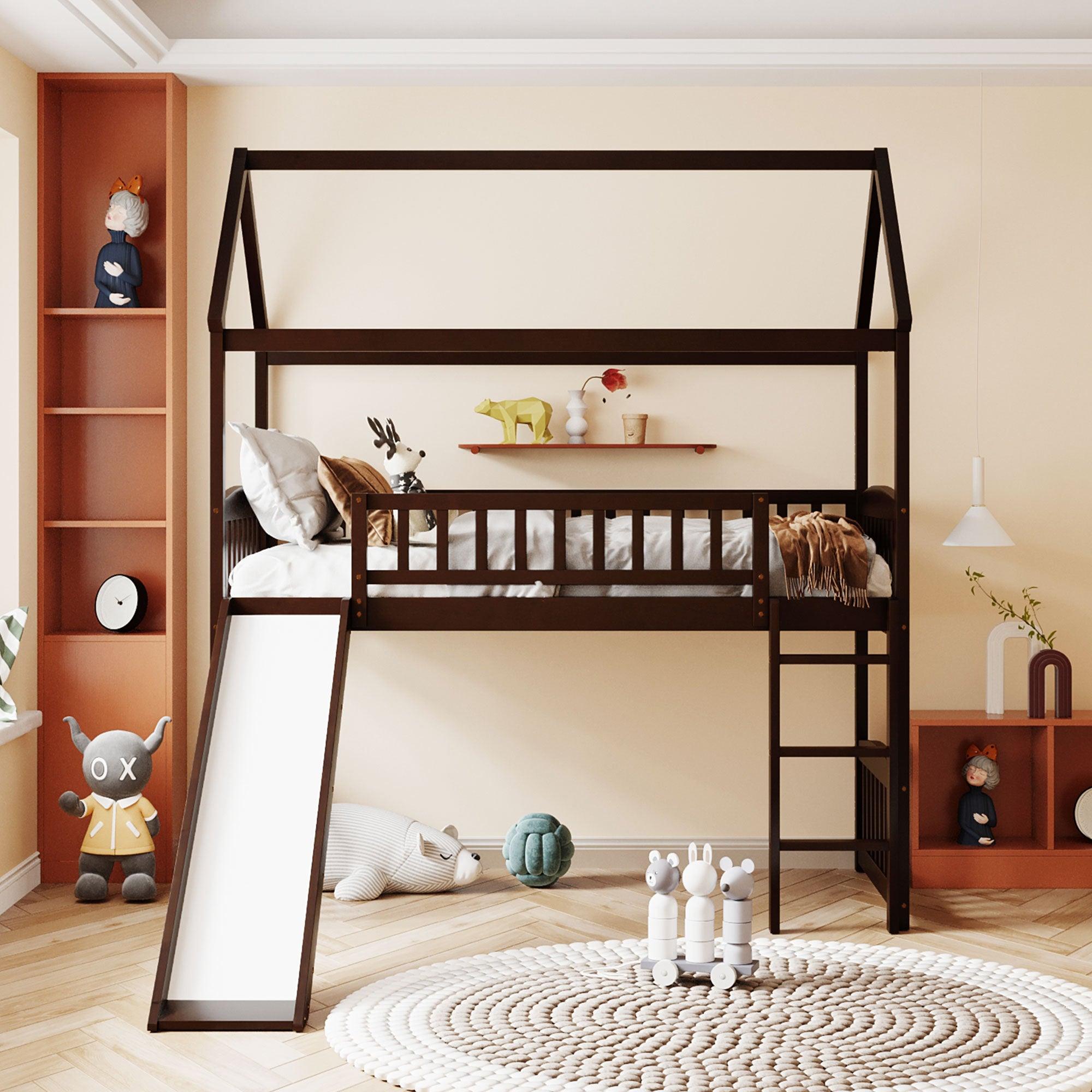 Twin Loft Bed with Slide, House Bed with Slide,Espresso