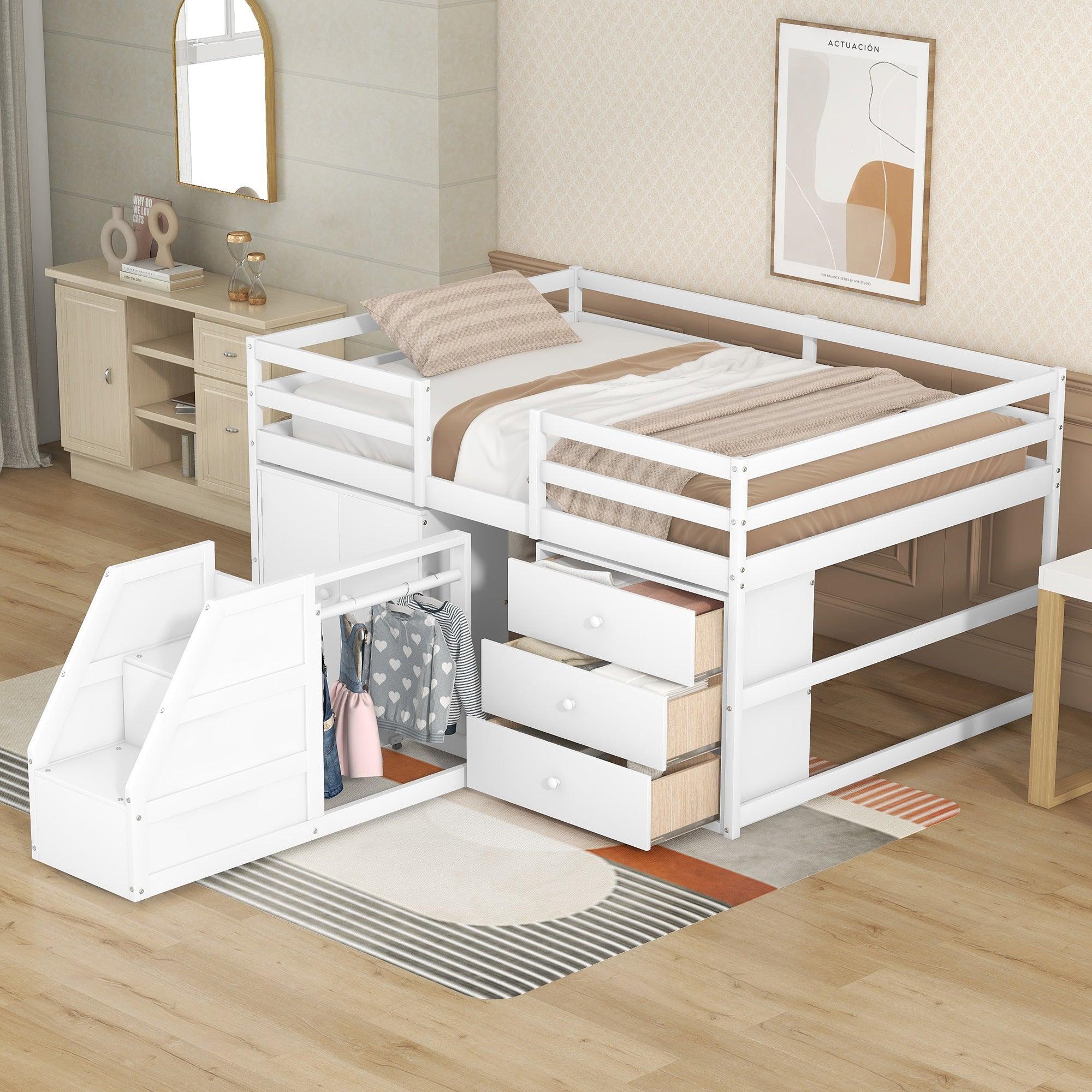 Full Size Functional Loft Bed with Cabinets and Drawers, Hanging Clothes at the back of the Staircase, White image