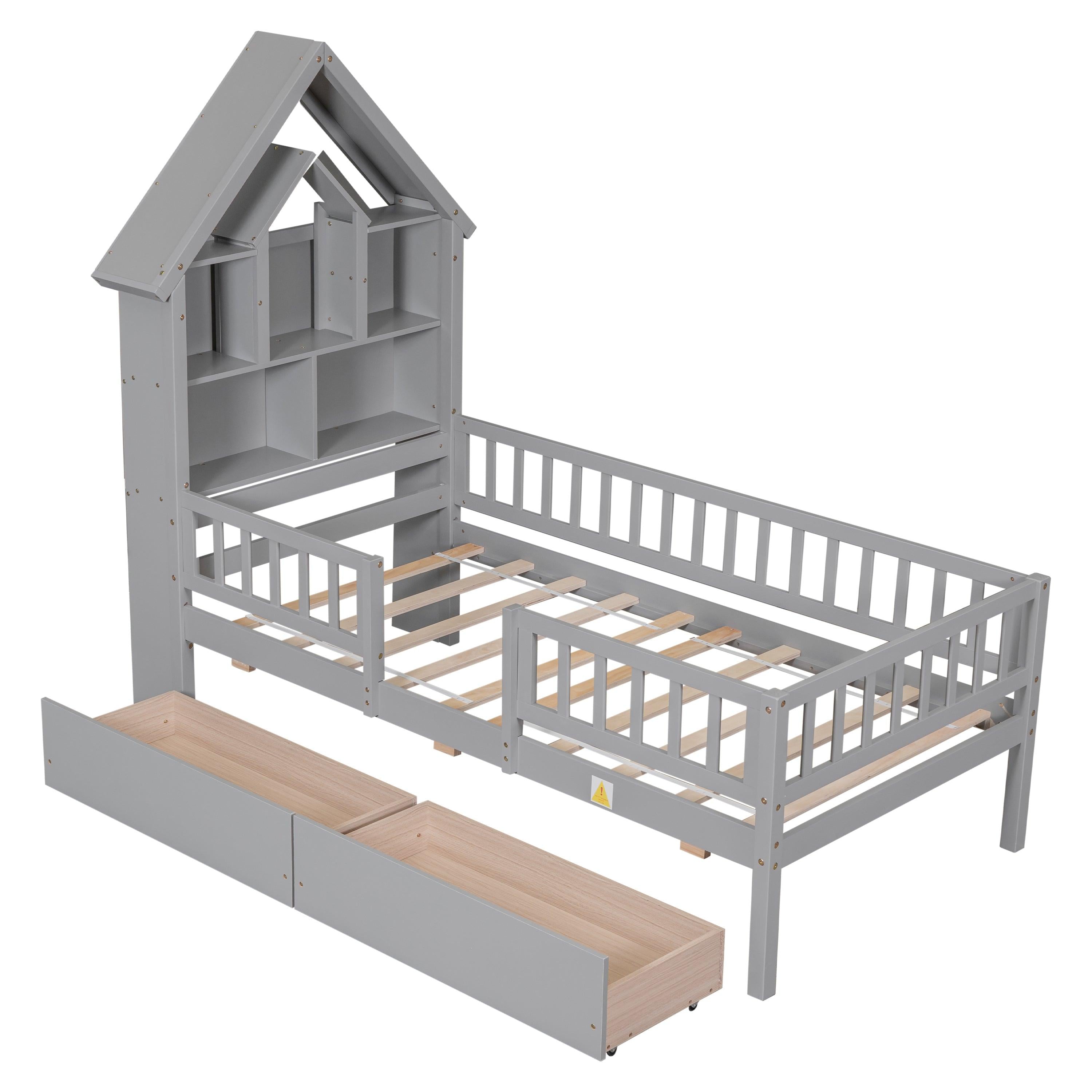 Twin Size House-Shaped Headboard Bed with Fence Guardrails and Drawers ,Gray