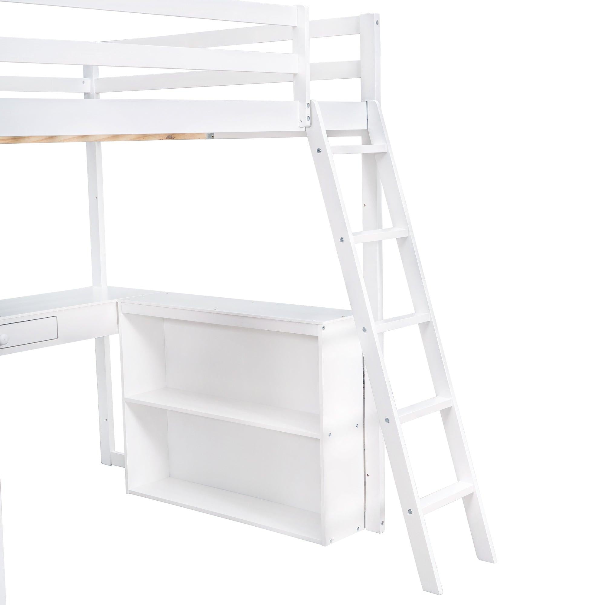 Full Size Loft Bed with Ladder, Shelves, and Desk, White