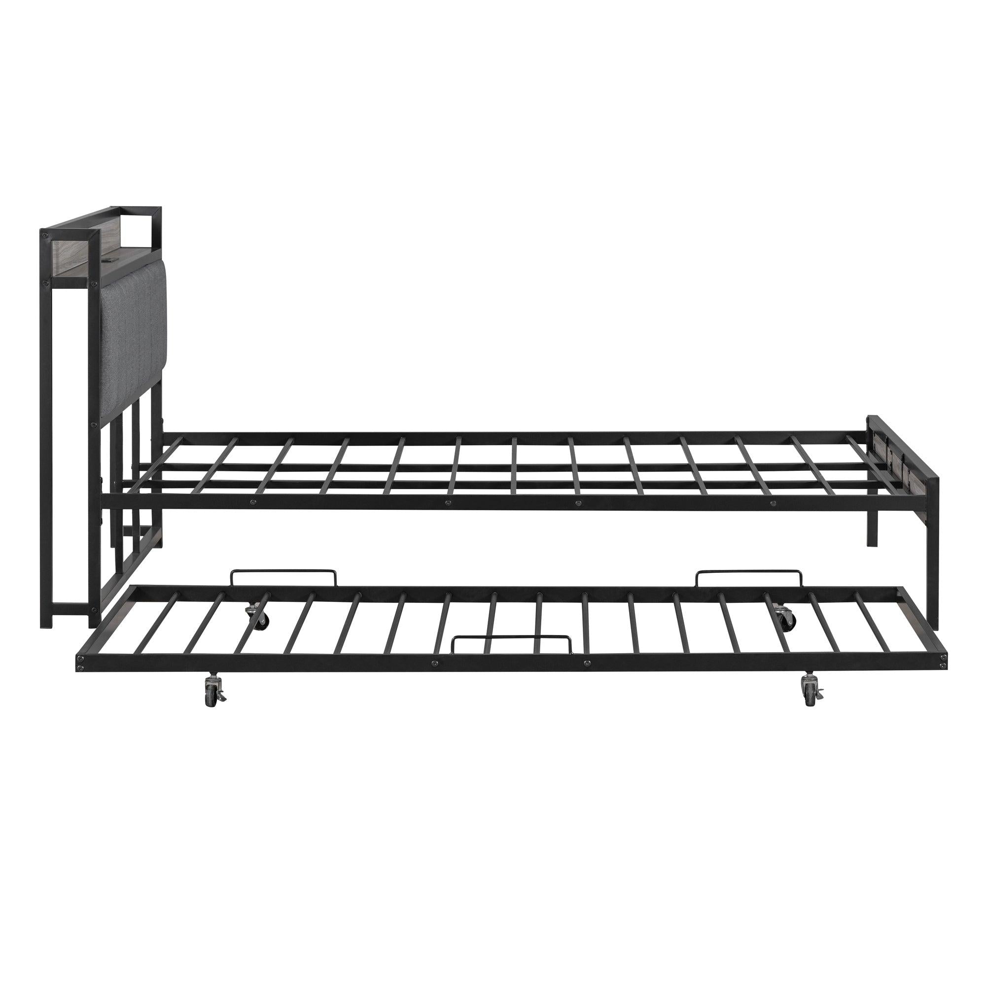 Queen Size Metal Platform Bed Frame with Twin size trundle, Upholstered headboard ，Sockets, USB Ports and Slat Support ,No Box Spring Needed，Black