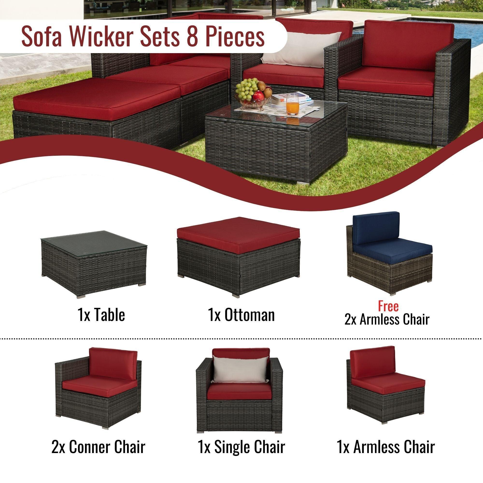 Outdoor Garden Patio Furniture 8-Piece Gray PE Rattan Wicker Sectional Red Cushioned Sofa Sets