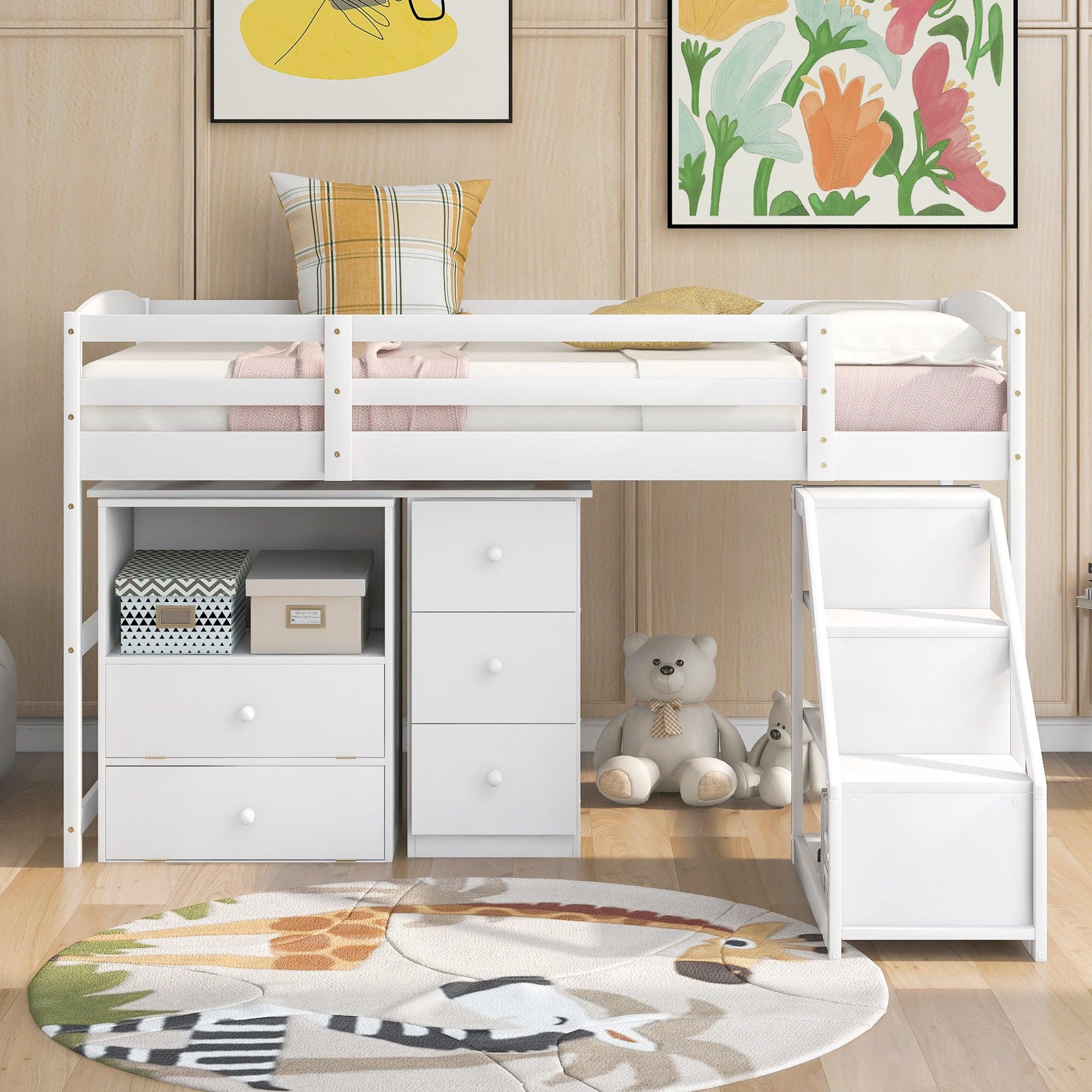 Twin Size Loft Bed with Multifunctional Movable Built-in Desk and and Staircase,White