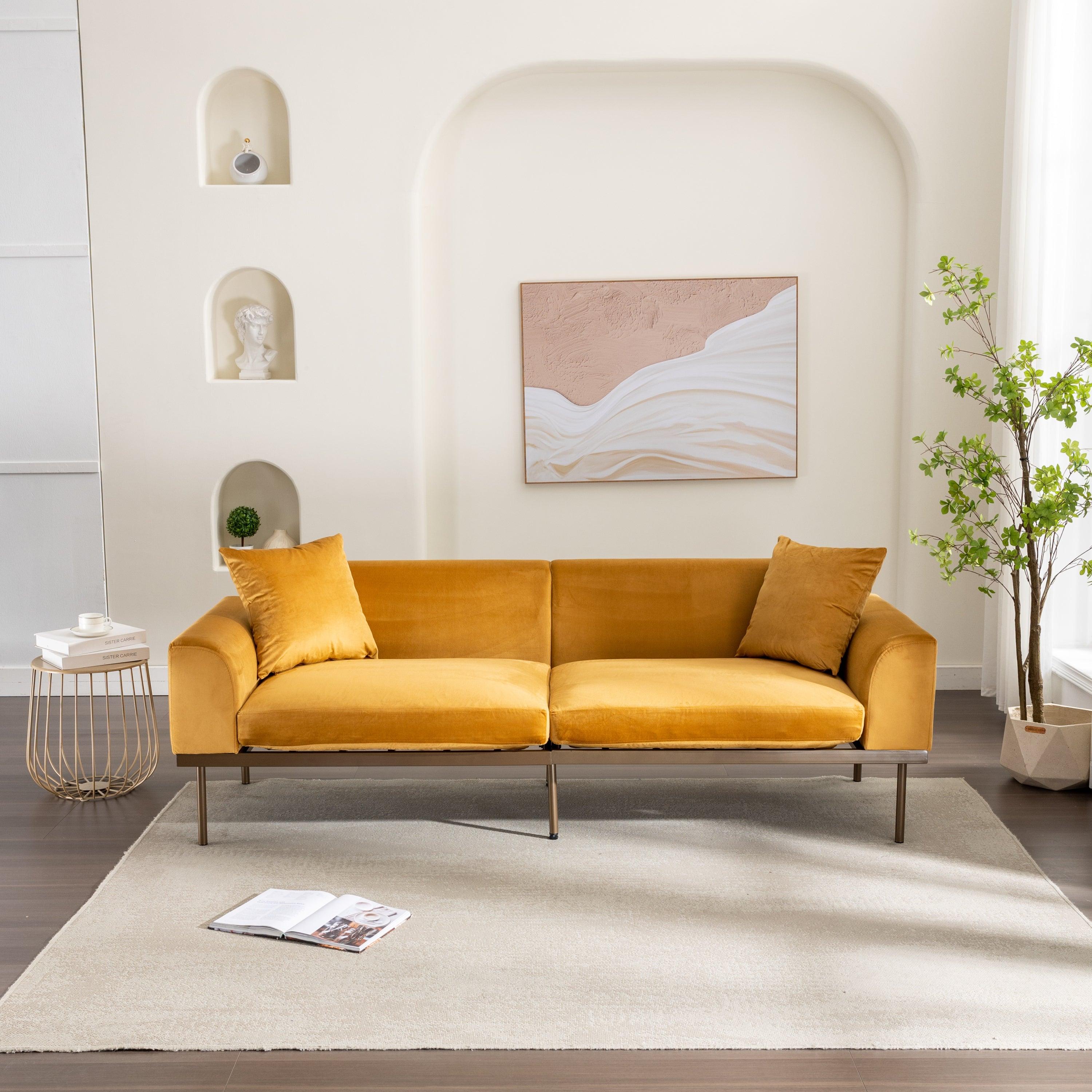 Modern Velvet Sofa with Metal Legs,Loveseat Sofa Couch with Two Pillows for Living Room and Bedroom, Mustard