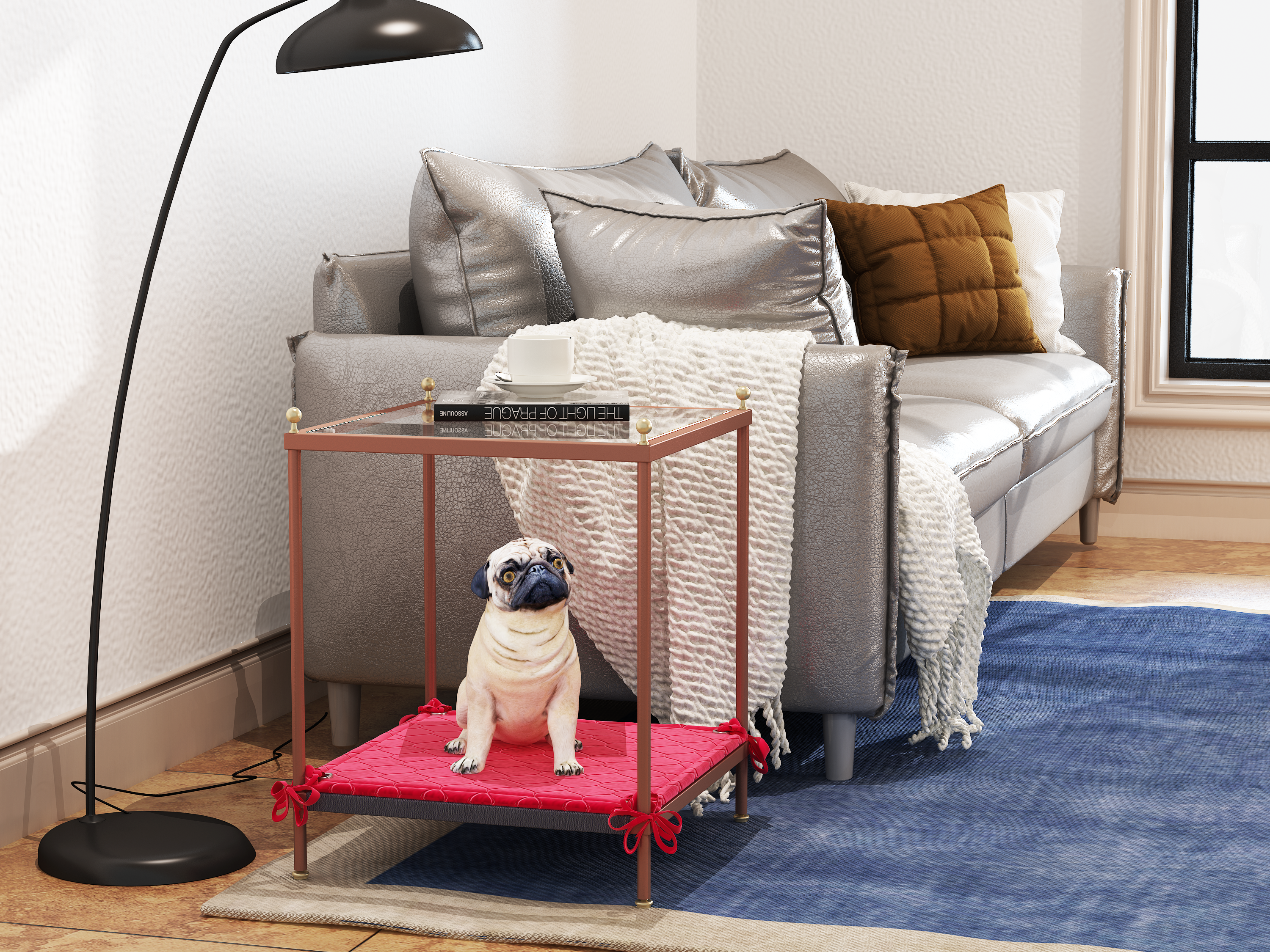 coffee table share with pets（Provide pet mat）, Net cloth tempered glass tabletop coffee table,multi-function easy assembly minimalist creative metal tea table,cat and dog kennel/appliance