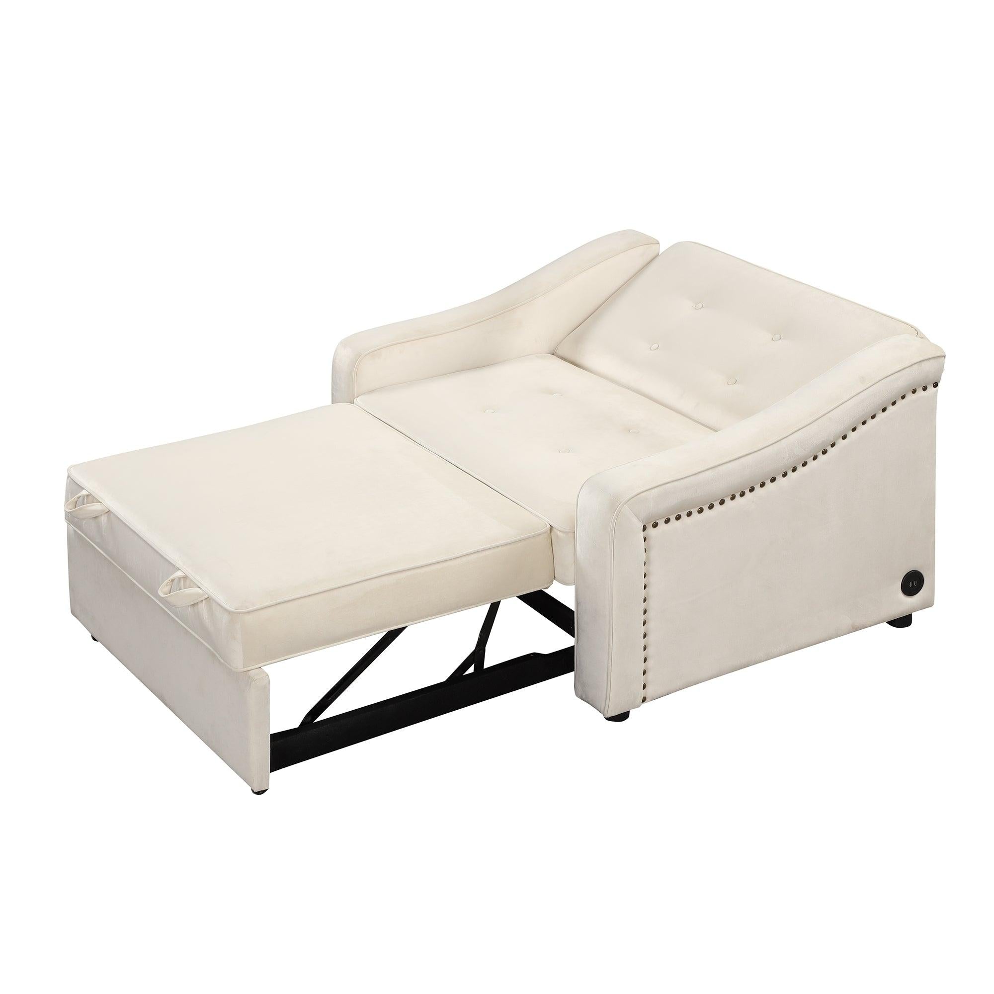 50.6" Convertible Sleeper Bed, Adjustable Sofa Couch with Dual USB Ports for Living Room Space,Cream White