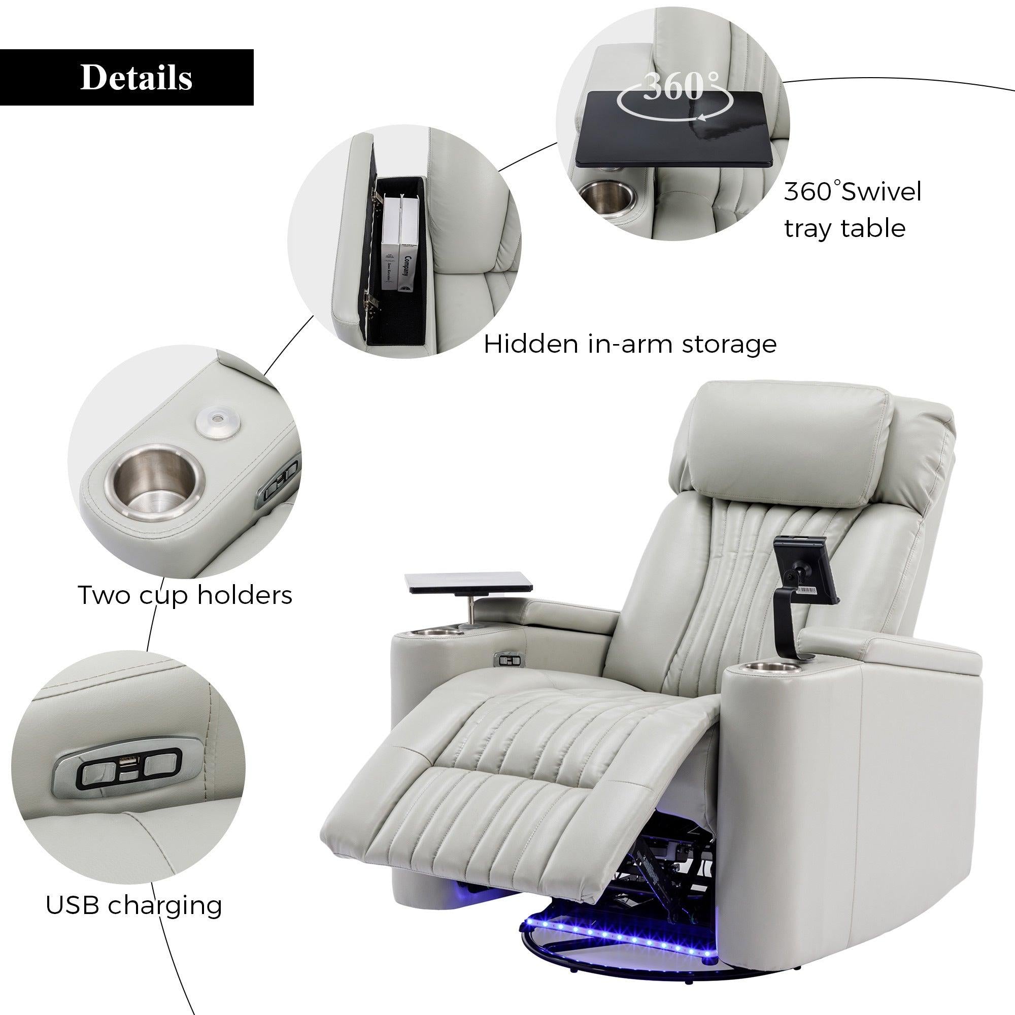 270° Power Swivel Recliner,Home Theater Seating With Hidden ArmStorage and  LED Light Strip,Cup Holder,360° Swivel Tray Table,and Cell Phone Holder,Soft Living Room Chair,Grey