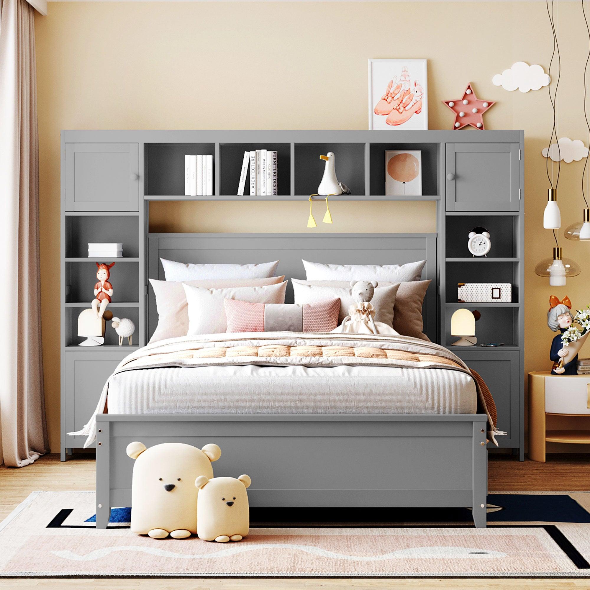 Full Size Wooden Bed With All-in-One Cabinet and Shelf, Gray