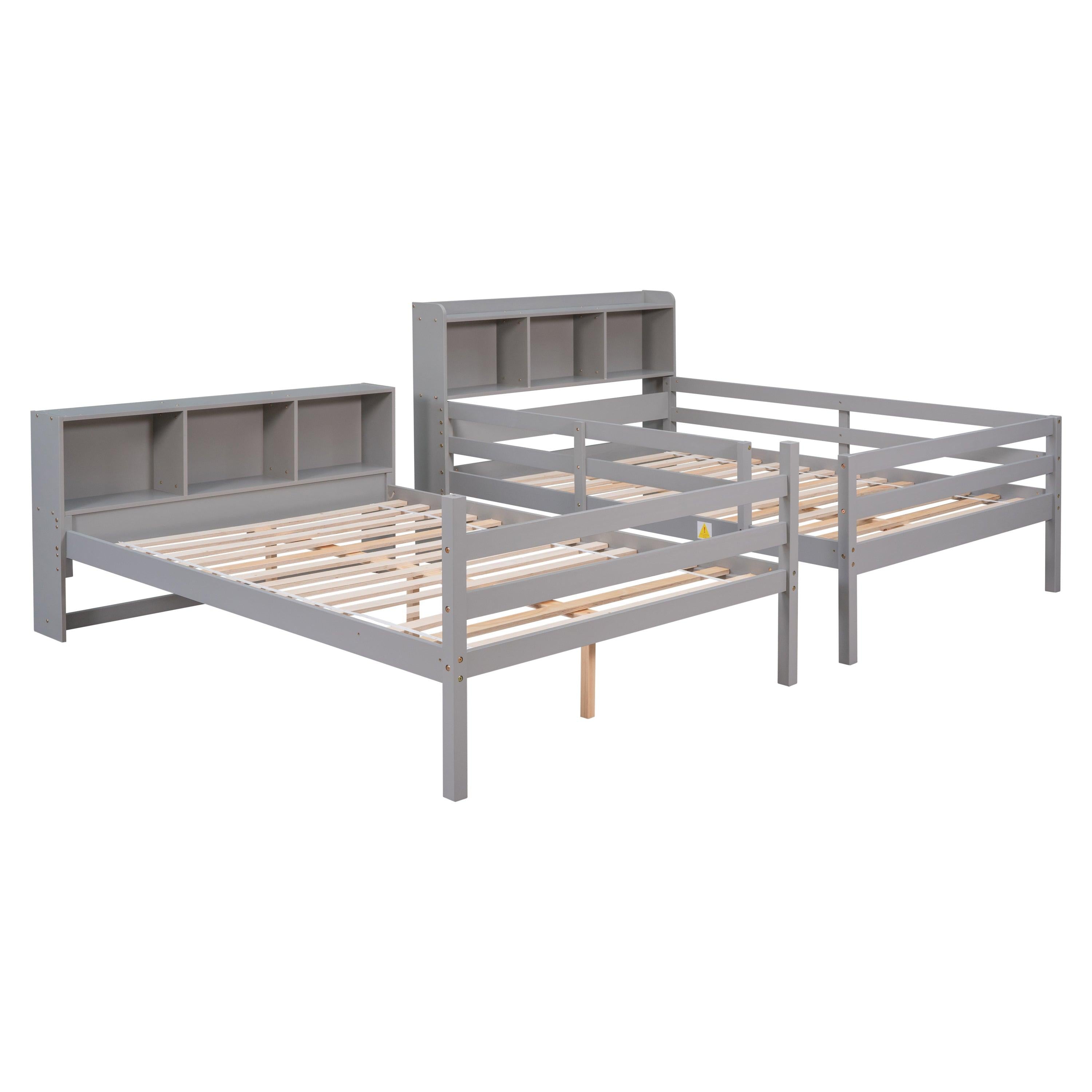 Full Over Full Bunk Beds with Bookcase Headboard, Solid Wood Bed Frame with Safety Rail and Ladder, Kids/Teens Bedroom, Guest Room Furniture, Can Be converted into 2 Beds, Grey