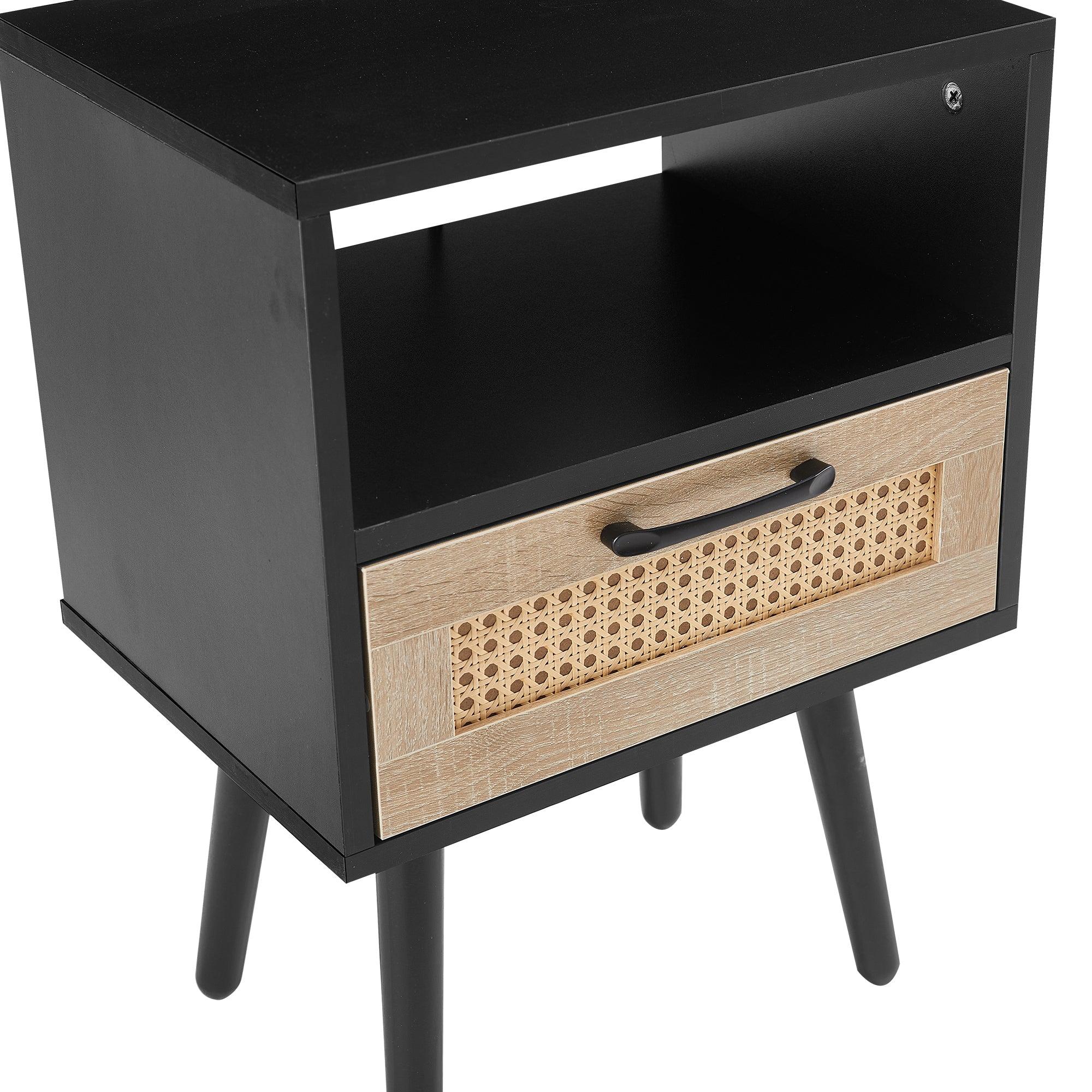 15.75" Rattan End table with  drawer and solid wood legs,Modern nightstand, side table for living roon, bedroom, black