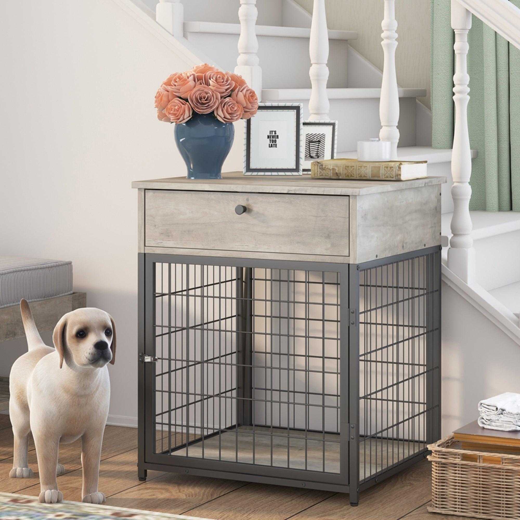 Furniture Style Wood Dog Crate End Table withStorage Console（Grey,19.69''w x 22.83''d x 26.97''h）