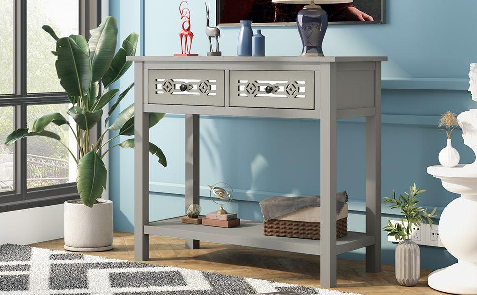 Classic Console Table with Hollow-out Decoration Two Top Drawers and Open Shelf LargeStorage Space (Silver)