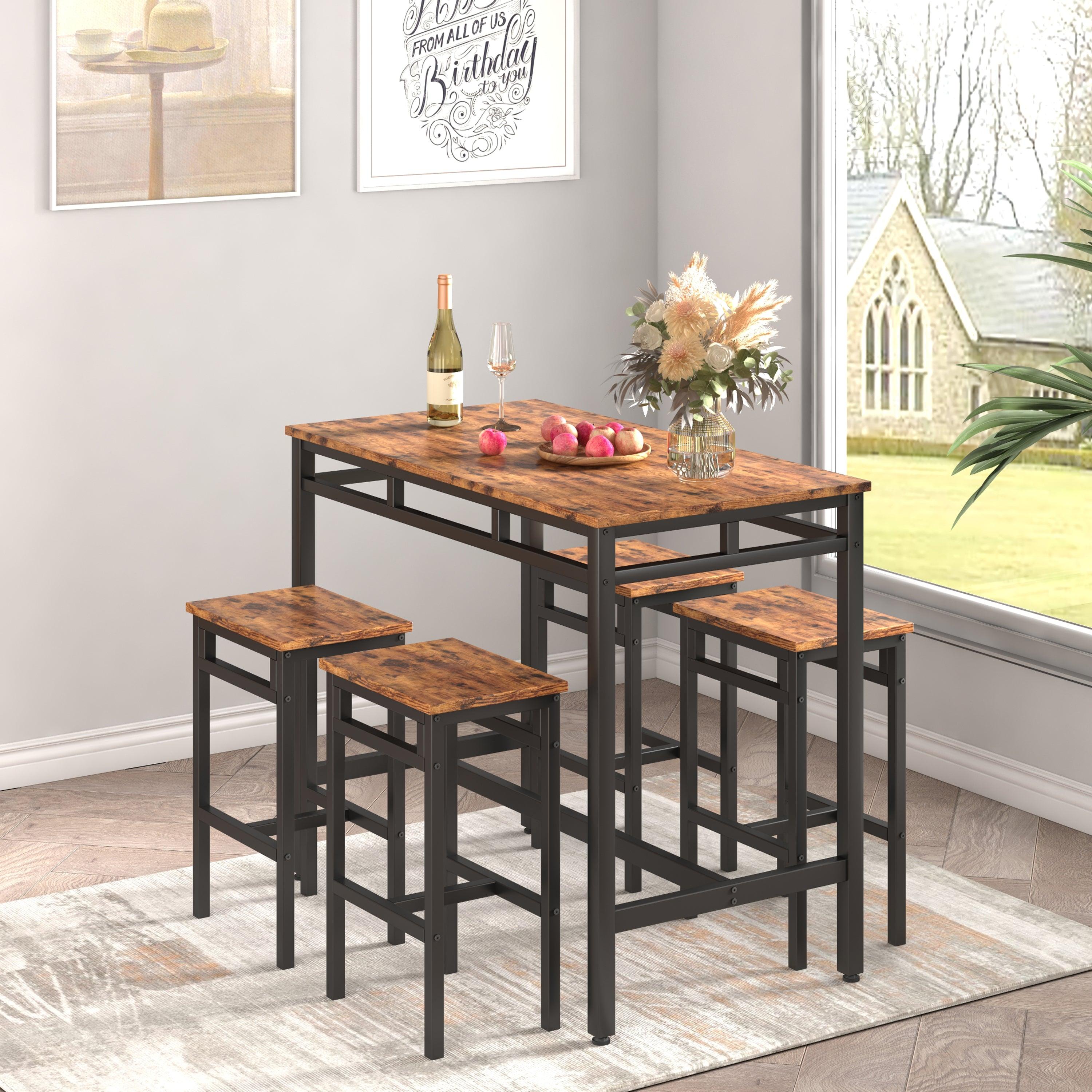 Bar table set 5PC Dinging table set with high stools, structural strengthening, industrial style (Rustic Brown，43.31''w x 23.62''d x 35.43''h) image