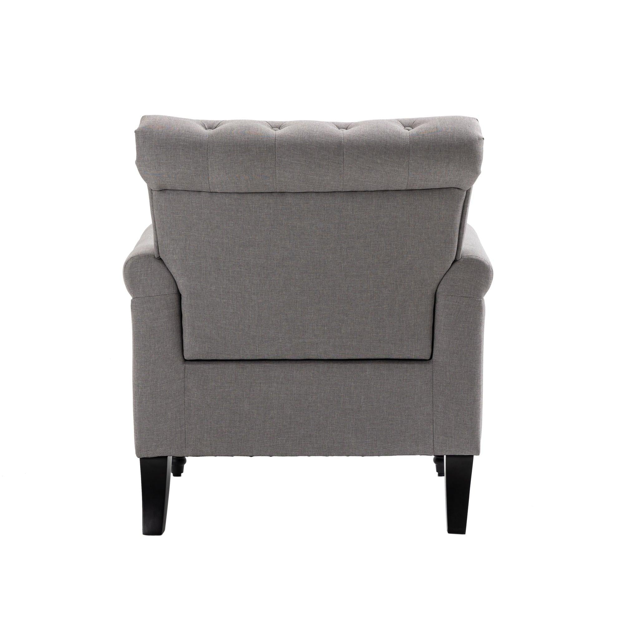 Mid-CenturyModern Accent Chair, Linen Armchair w/Tufted Back/Wood Legs, Upholstered Lounge Arm Chair Single Sofa for Living Room Bedroom, Light grey