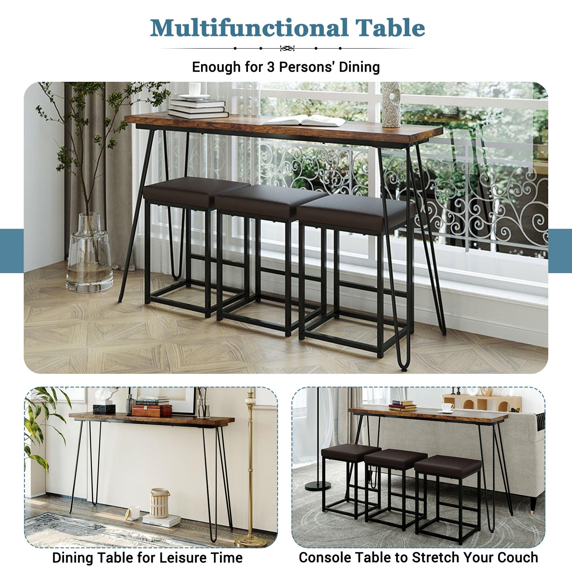 Updated 4 Pieces Counter Height Extra Long Dining Table Set with 3 PU Stools Bar Kitchen Table Set Console Table,Rustic Brown Table+Black Stool