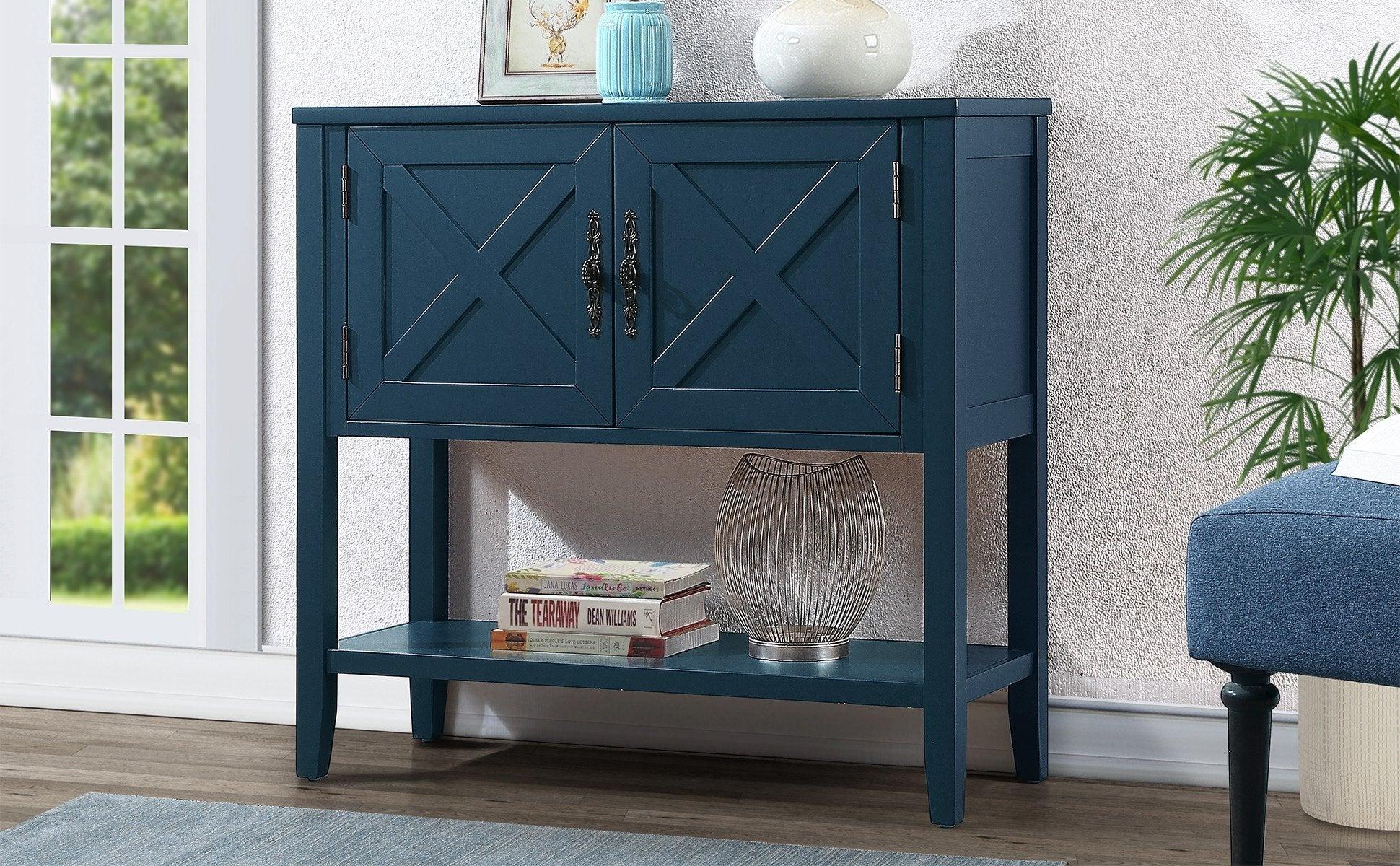 35’’ Farmhouse Wood Buffet Sideboard Console Table with Bottom Shelf and 2-Door Cabinet, for Living Room, Entryway,Kitchen Dining Room Furniture (Navy Blue)