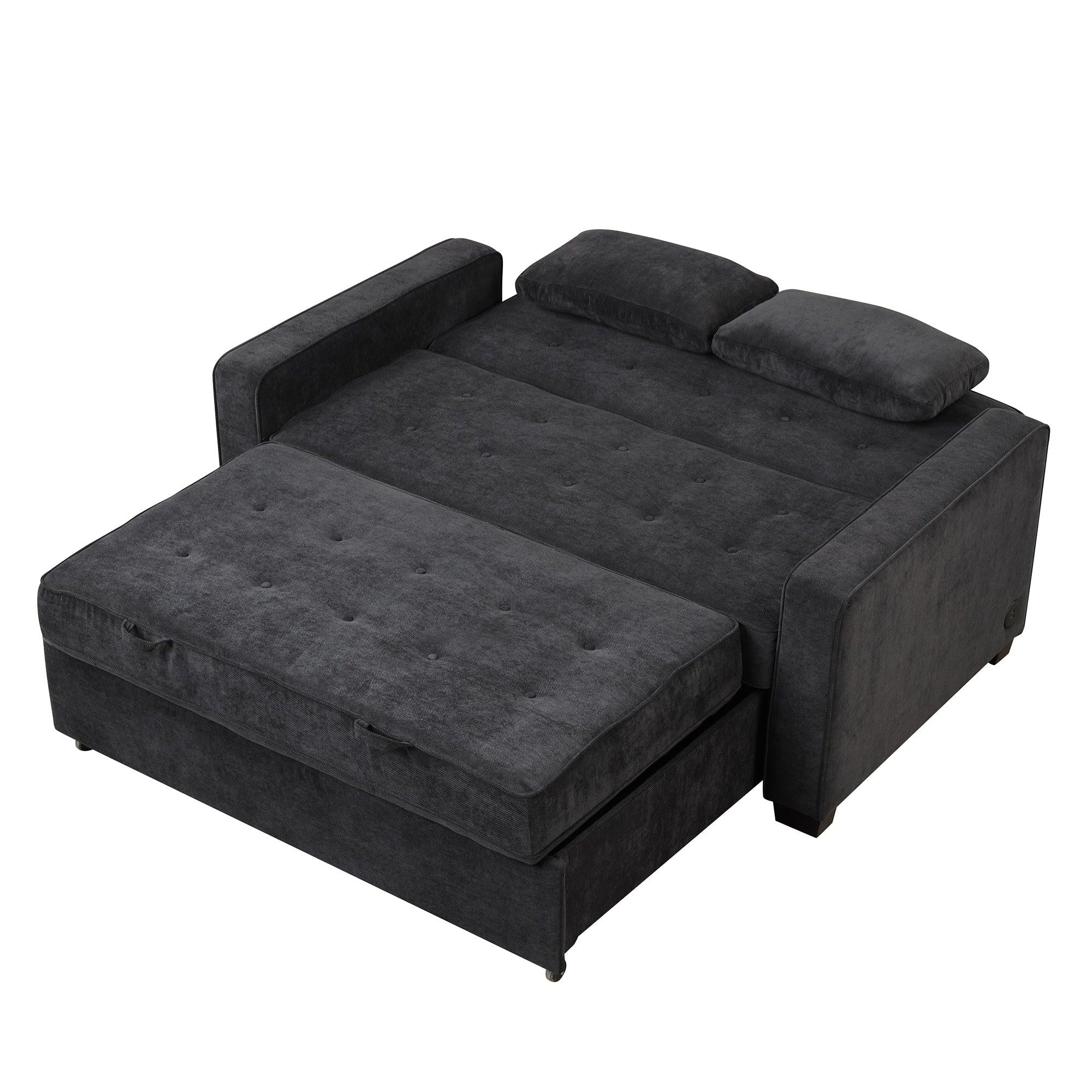 65.7" Linen Upholstered Sleeper Bed , Pull Out Sofa Bed Couch attached two throw pillows,Dual USB Charging Port and Adjustable Backrest for Living Room Space，Black