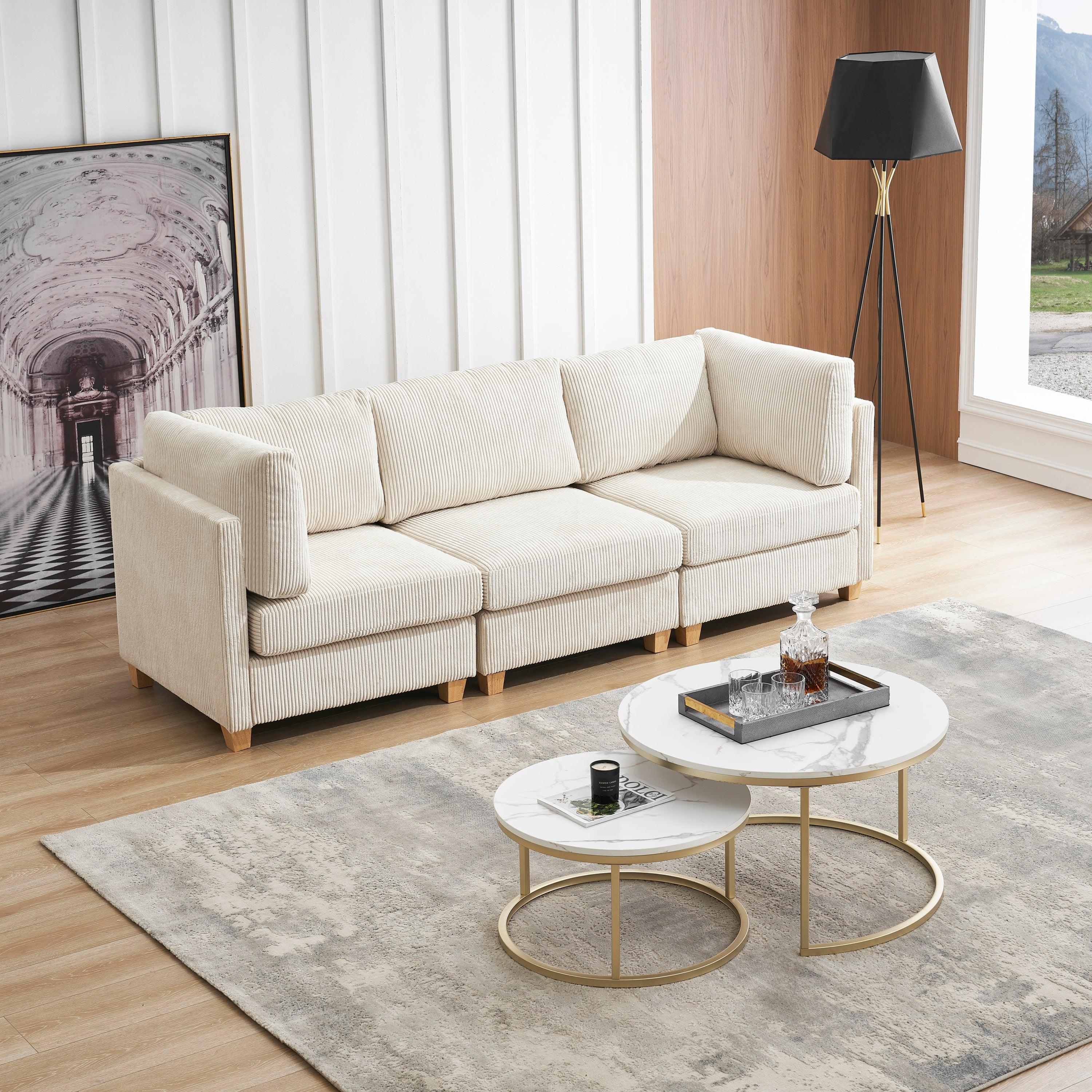 Modern Beige Convertible L Shape Sofa Corduroy Fabric Comfortable Multi-person Combination Living Room Sofa Furniture