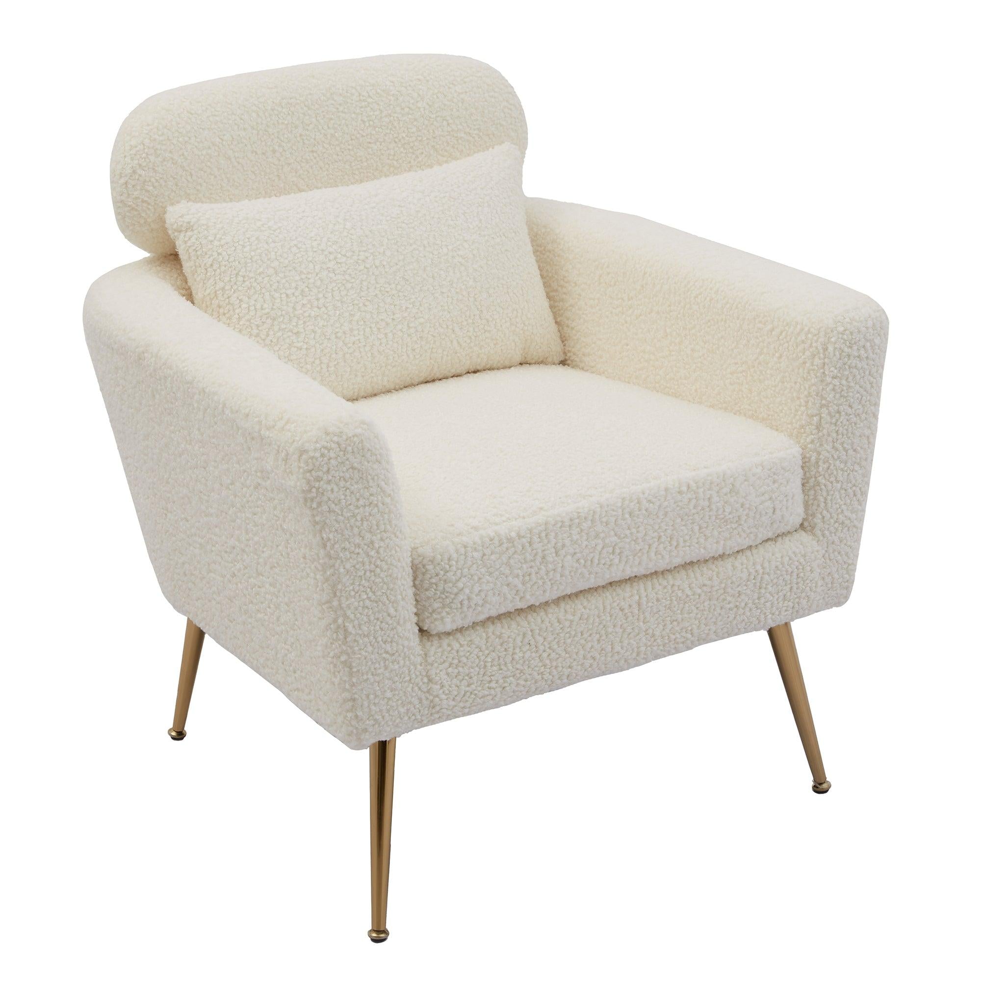 29.5"WModern Boucle Accent Chair Armchair Upholstered Reading Chair Single Sofa Leisure Club Chair with Gold Metal Leg and Throw Pillow for Living Room Bedroom Dorm Room Office, Ivory Boucle