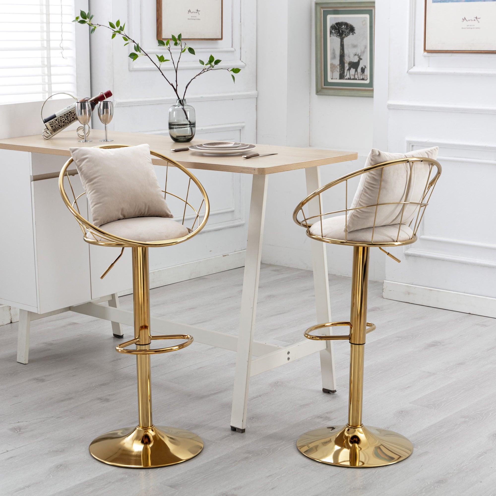 Off-White velvet bar chair, pure gold plated, unique design，360 degree rotation, adjustable height，Suitable for dinning room and bar，set of 2