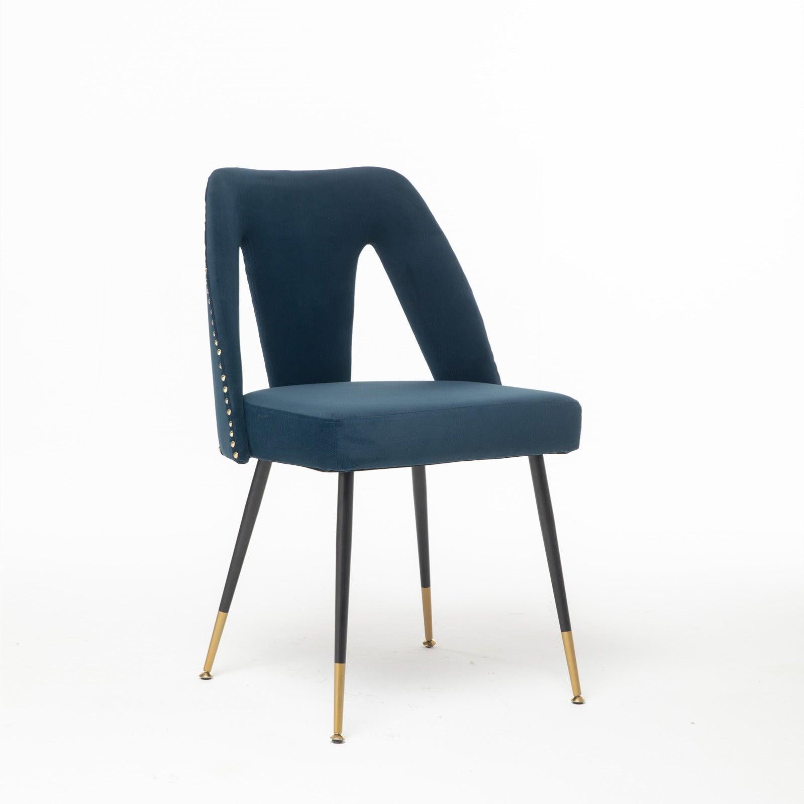 Akoya CollectionModern | Contemporary Velvet Upholstered Dining Chair with Nailheads and Gold Tipped Black Metal Legs,Blue,Set of 2