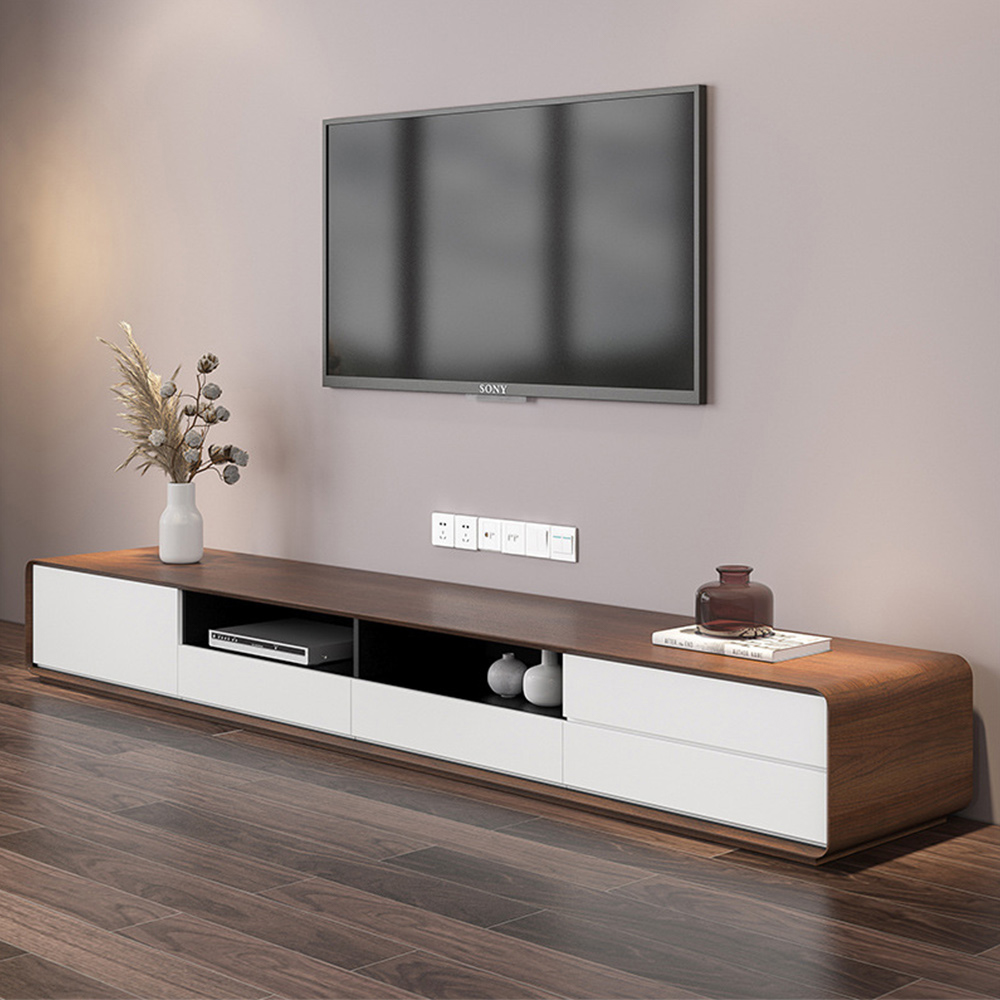 Modern Wood White TV Stand, Lowline Media Console with 4 Drawers, OpenStorage Cabinet,black dividers, Walnut Veneer, Fully-assembled,94" image