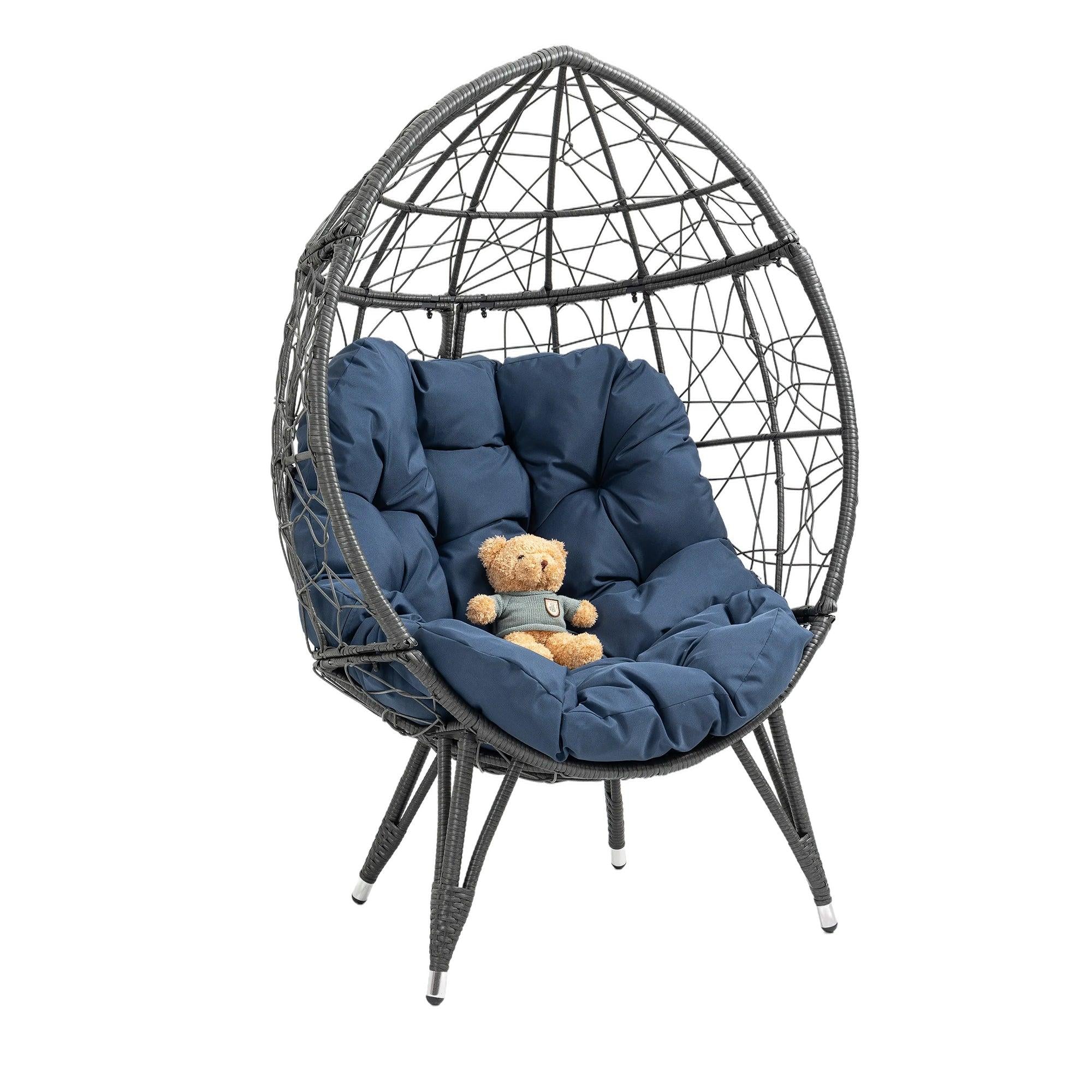 Outdoor Patio Wicker Egg Chair Indoor Basket Wicker Chair with Navy Cusion for Backyard Poolside