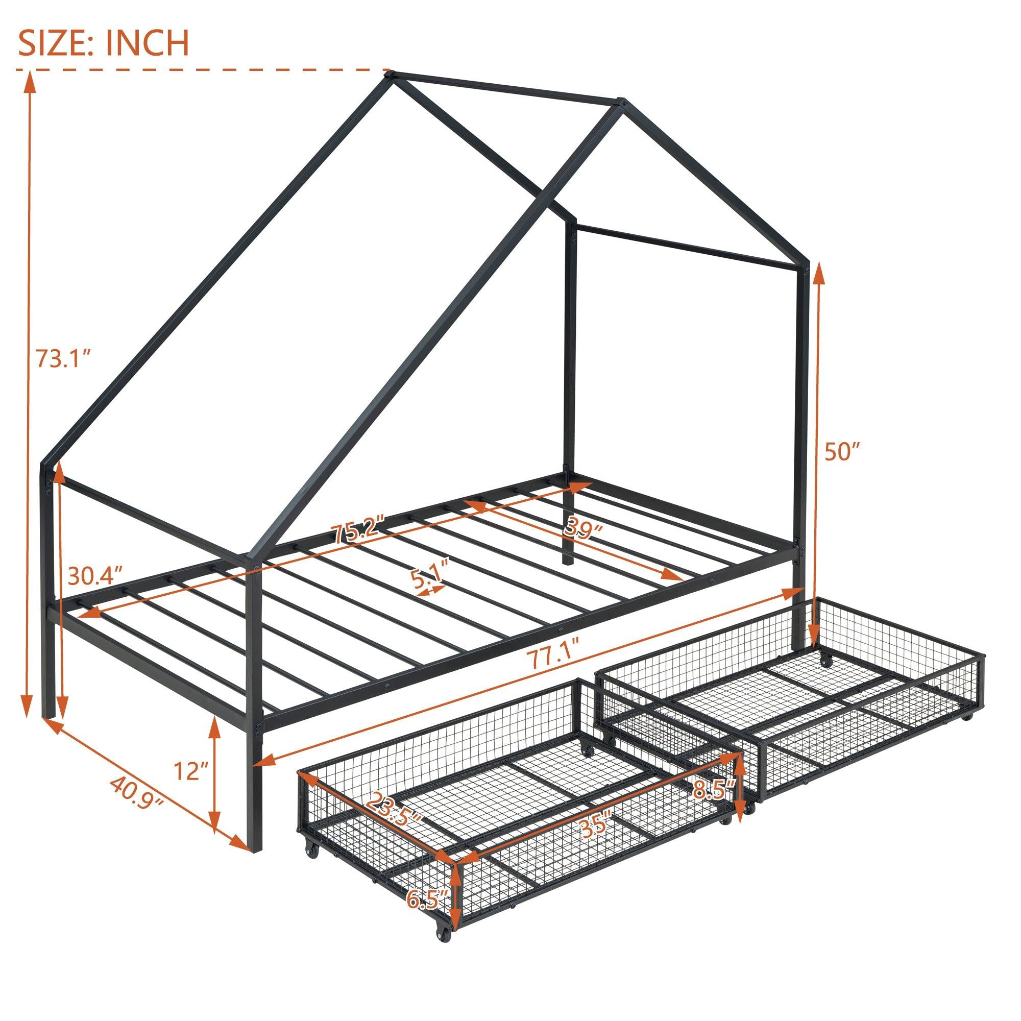 Twin Size Metal House Bed with TwoStorage Drawers, Black