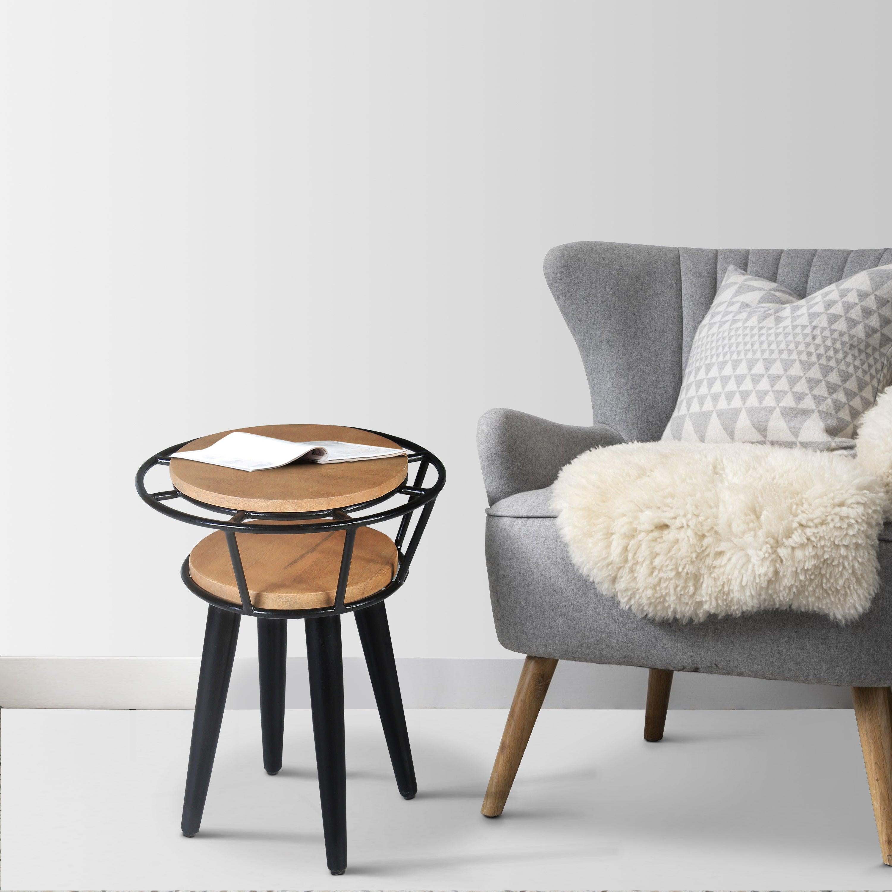 20 Inch Handcrafted Industrial End Table, 2 Tier Round Wood Shelves, Metal Frame, Oak Brown and Black