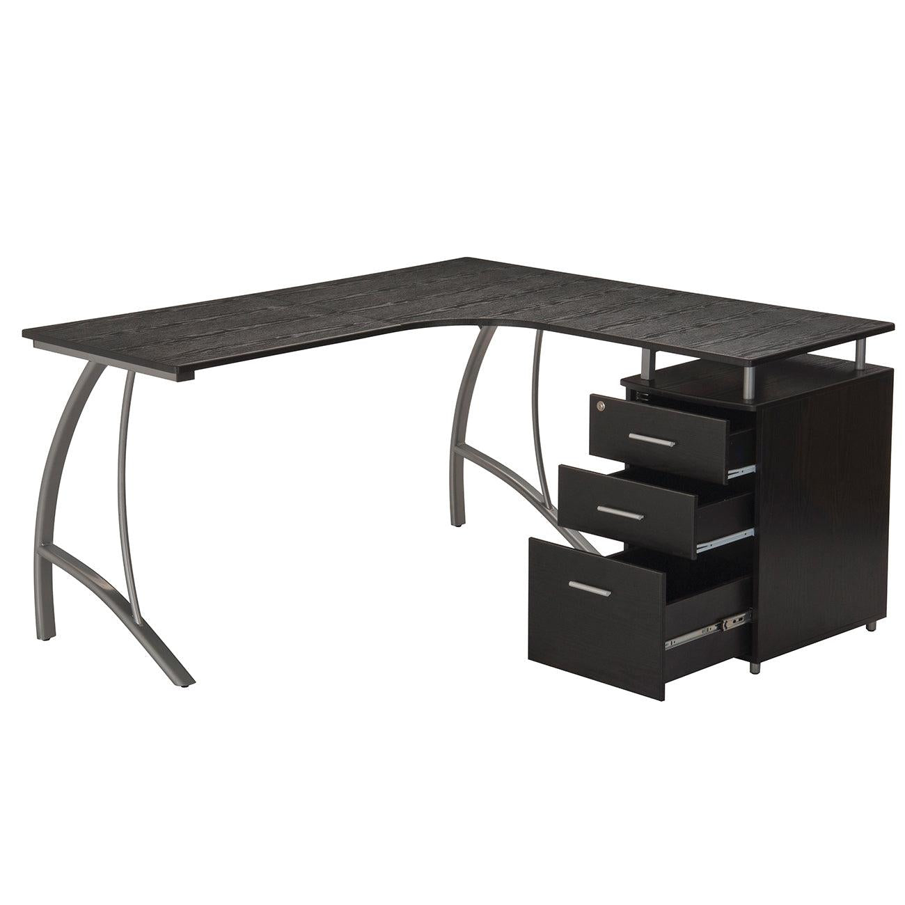 Techni MobiliModern L- Shaped Computer Desk with File Cabinet andStorage, Espresso