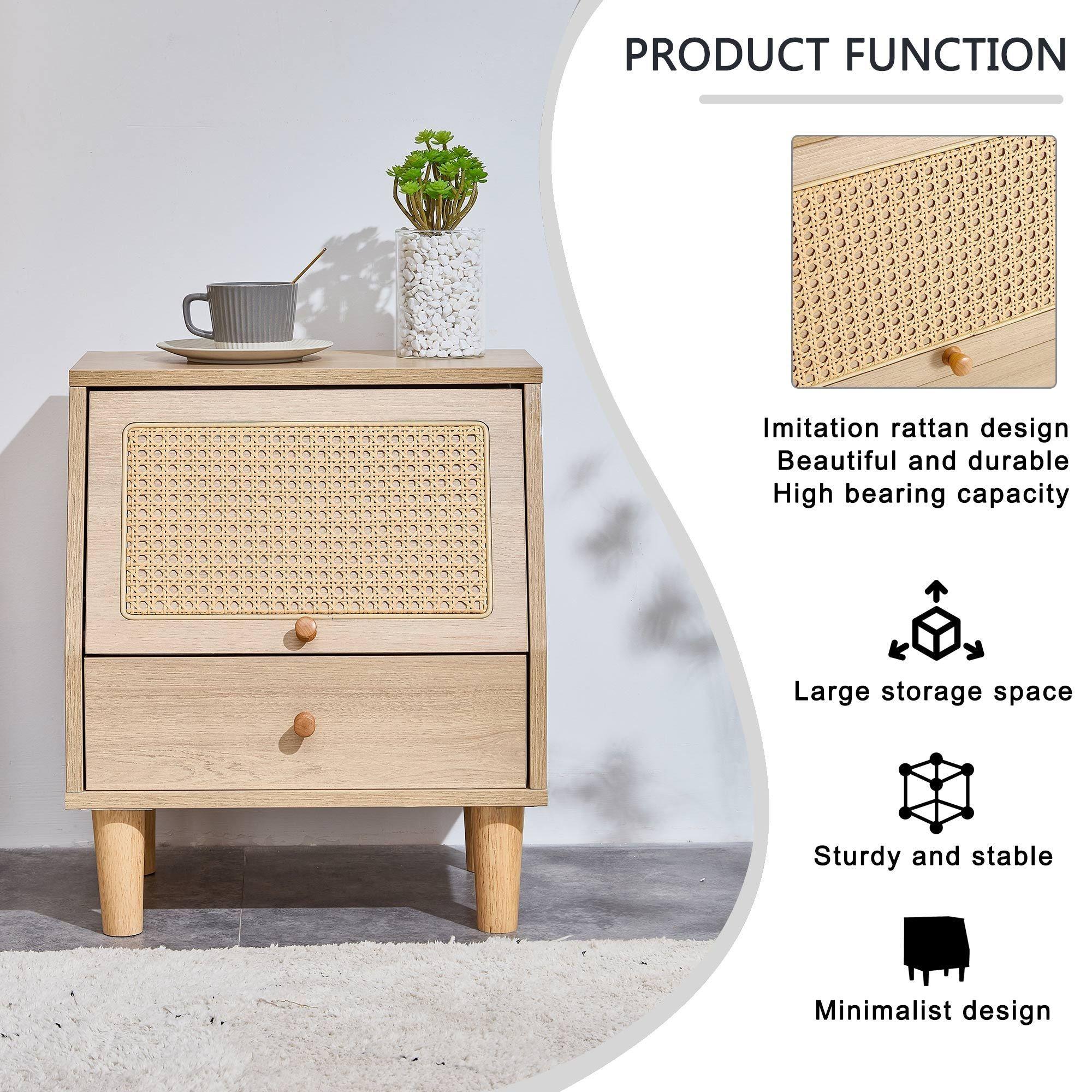 Modern simpleStorage cabinet MDF Board bedside cabinet Japanese rattan bedside cabinet Small household furniture bedside table.Applicable to dressing table in bedroom, porch, living room.2 Drawers